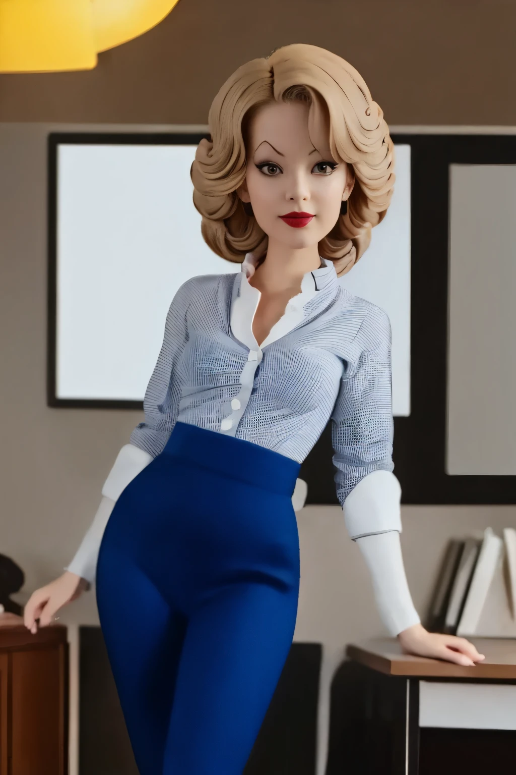 bob haircut, makeup, red tone nails, ((masterpiece, Ultra delicate, perfect face, 16K, )) tight office clothing, seductive pose , tight office trousers, Vestido de uniforme, Kaolinite Red, Tight office shirt strapless, Pimp , purple-eyed, beautiful smile, realistic textures, tacones altos,