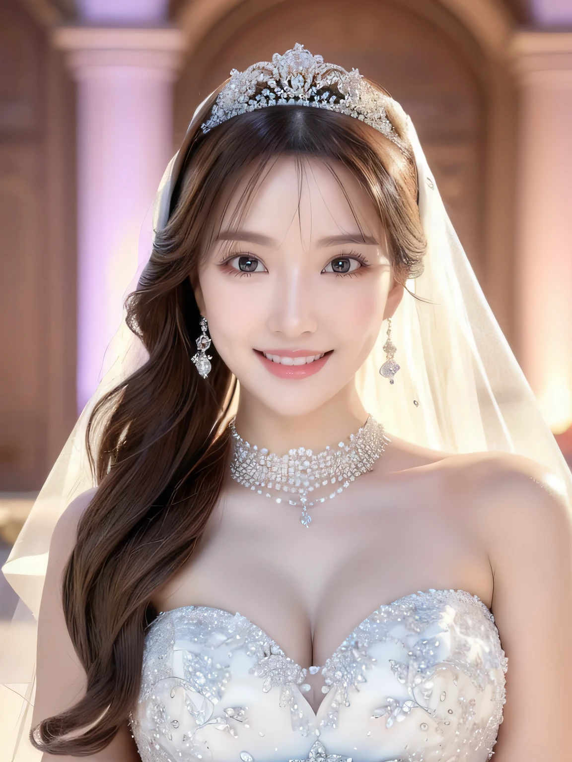 clear、beautiful、Beauty、(highest quality、 waist shot、8K、Best image quality、Award-winning works)、One beautiful bride、(alone:1.1)、(The most extravagant and gorgeous huge wedding dresses:1.1)、(Perfect Wedding Lace:1.2)、(The most extravagant and luxurious giant tiara:1.1)、(The most extravagant and luxurious giant necklace:1.1)、The most beautiful smile is looking at me、A wide selection of the finest jewellery、(Bridal upper body photo:1.1)、Perfect Makeup、Long eyelashes、Ultra HD Shining Eyes、Ultra HD Hair、Ultra High Resolution Glossy Lips、Ultra High Resolution Perfect Teeth、Super high resolution beautiful face、(Accurate :1.1)、(Very bright and beautiful skin:1.2)、(very bright and vivid:1.2)、(Luxury wedding venue background:1.2), Random body orientation,