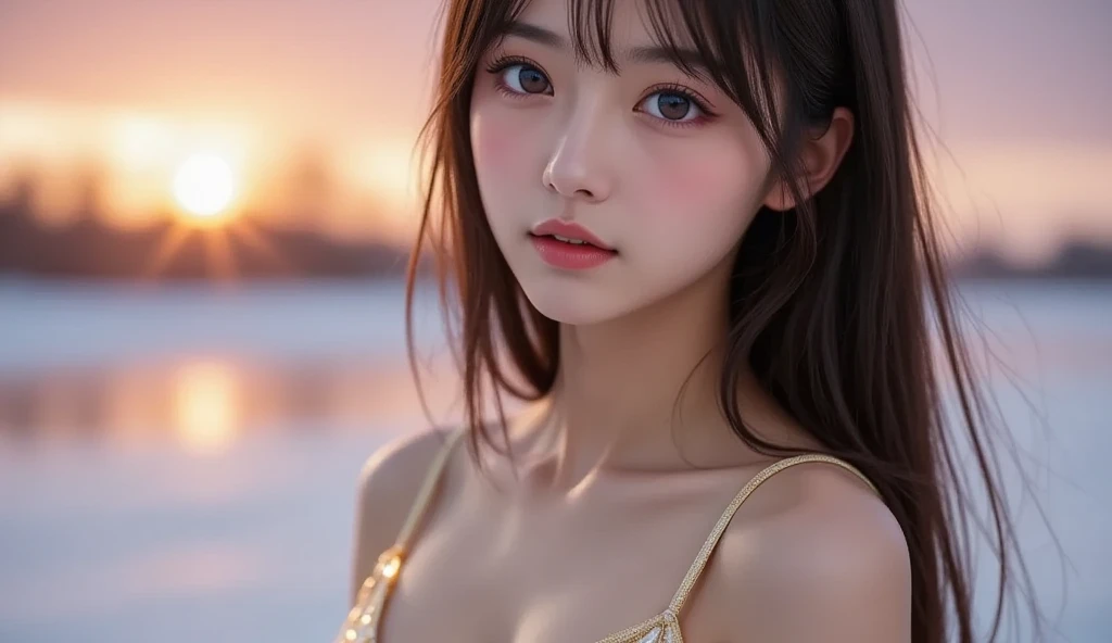 ((highest quality)),(超A high resolution),(Very detailed),(Detailed Description),((The best CG)),(masterpiece),Very detailedなアート、Small breasts、Whitening 1.5、Clear skin quality、(((White one-piece swimsuit 1.5)))、(((Sunset sea 1.5)))、(((Sunset sky 1.5)))、、Ultimate Beauty 1.5((( 1.5)))、Summer Sea 1.2、Fluttering Hair、
