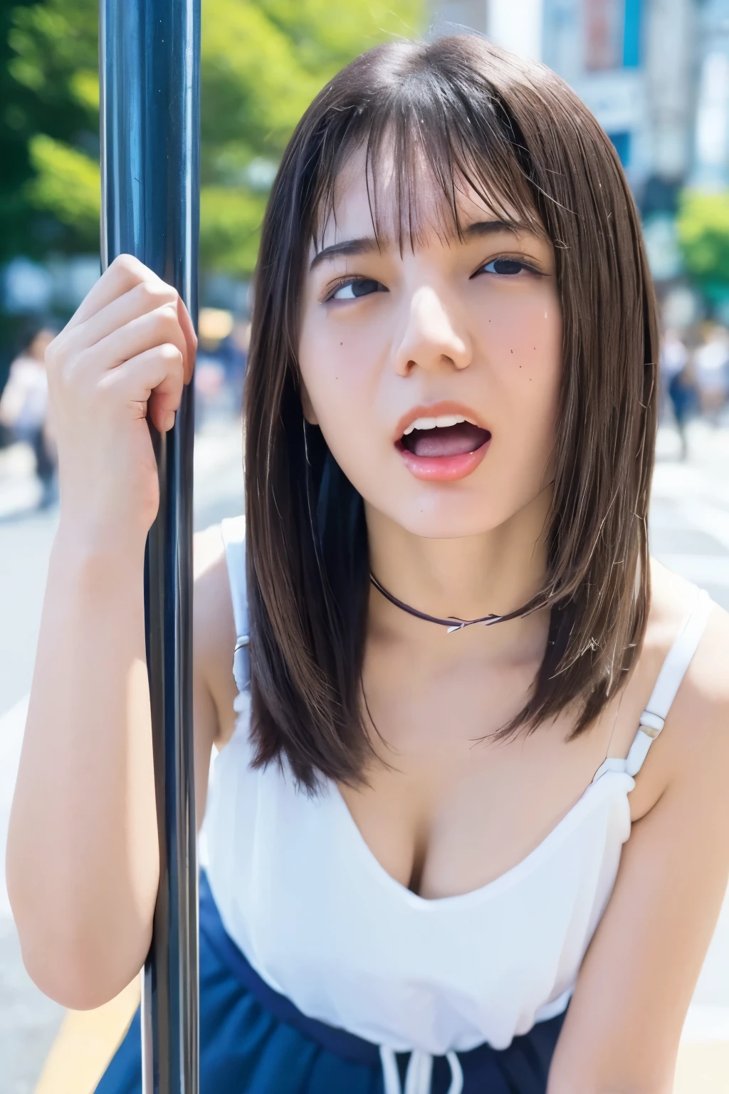Close-up of face, (lean against a pole:1.5), ( top quality,  masterpiece:1.2),  highly detailed ,  high res,   8k Wallpaper,  perfect dynamic composition, Eyes with Attention to Details , look up at the sky, summer trend fashion, open mouth, licking, gape mouth, She squints her eyes, (orgasm face:1.5), (Woman with open mouth and narrowed eyes, deep joy: 1.1), Surrounded by people, 20 years old,  cute Japanese woman,  sexy style ,in a busy city, Tokyo , camera sexy shot,  summer fashion ,Summer clothes,  see-through