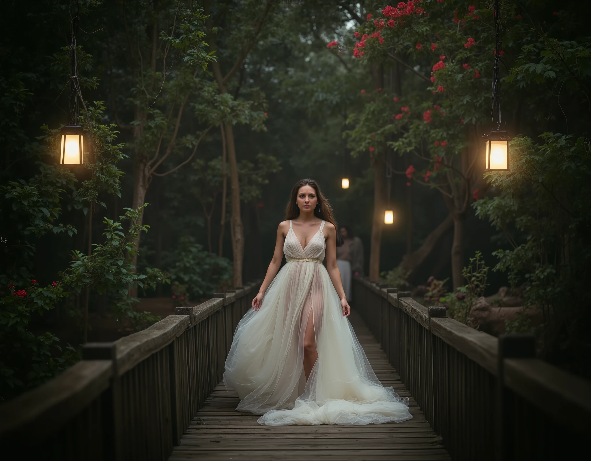 A hyper-realistic professional photograph of a young woman standing gracefully on a wooden bridge in a lush, green forest. She wears a flowing white dress with thin straps and delicate ruffles on the bust, creating a romantic and ethereal appearance. The fabric is light and slightly translucent, moving softly with the breeze. Her long, dark brown hair cascades in loose waves down her back. She has an elegant posture, with one hand resting gently on the bridge railing and her gaze directed to the side, conveying a serene and introspective expression. The background consists of dense foliage, with small red flowers blooming among the branches. Warm lantern lights are scattered throughout, hanging from the trees and attached to the bridge railing, casting a soft golden glow. The lighting is diffused and cinematic, blending natural and artificial elements to enhance the dreamlike atmosphere. The image captures a moment of stillness and contemplation, evoking a sense of nostalgia and quiet beauty