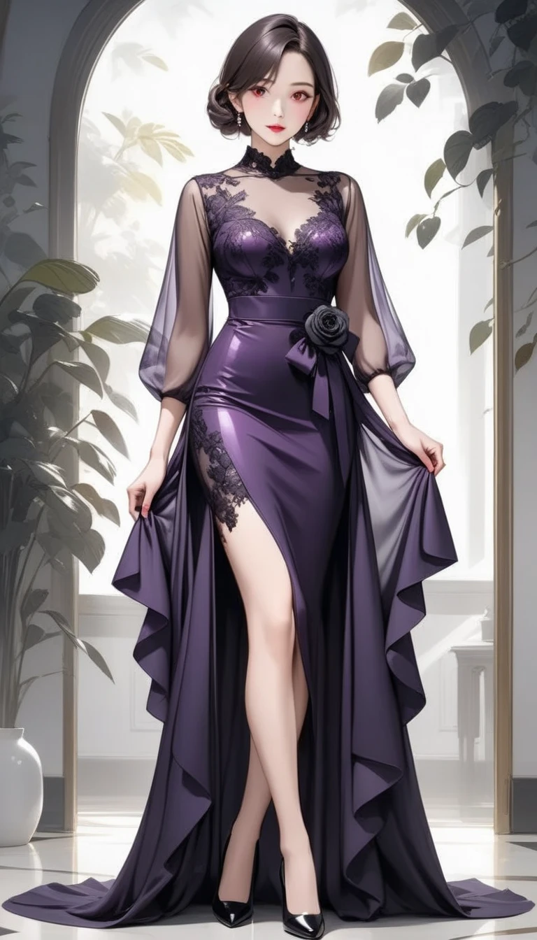 a woman in a purple dress standing in a room, sophisticated dress, elegant dress, purple dress, minimal bodycon feminine costume, wearing an elegant dress, light purple, femme, office clothes, with a thin waist, revealing stylish dress, light half opened dress, tight dress, long dress female, stylish dress, korean women's fashion model, wearing business casual dress, (hyperrealistic), (illustration), (high resolution), (8K), (extremely detailed), (best illustration), (beautiful detailed eyes), (best quality), (ultra-detailed), (masterpiece), (wallpaper), (detailed face)