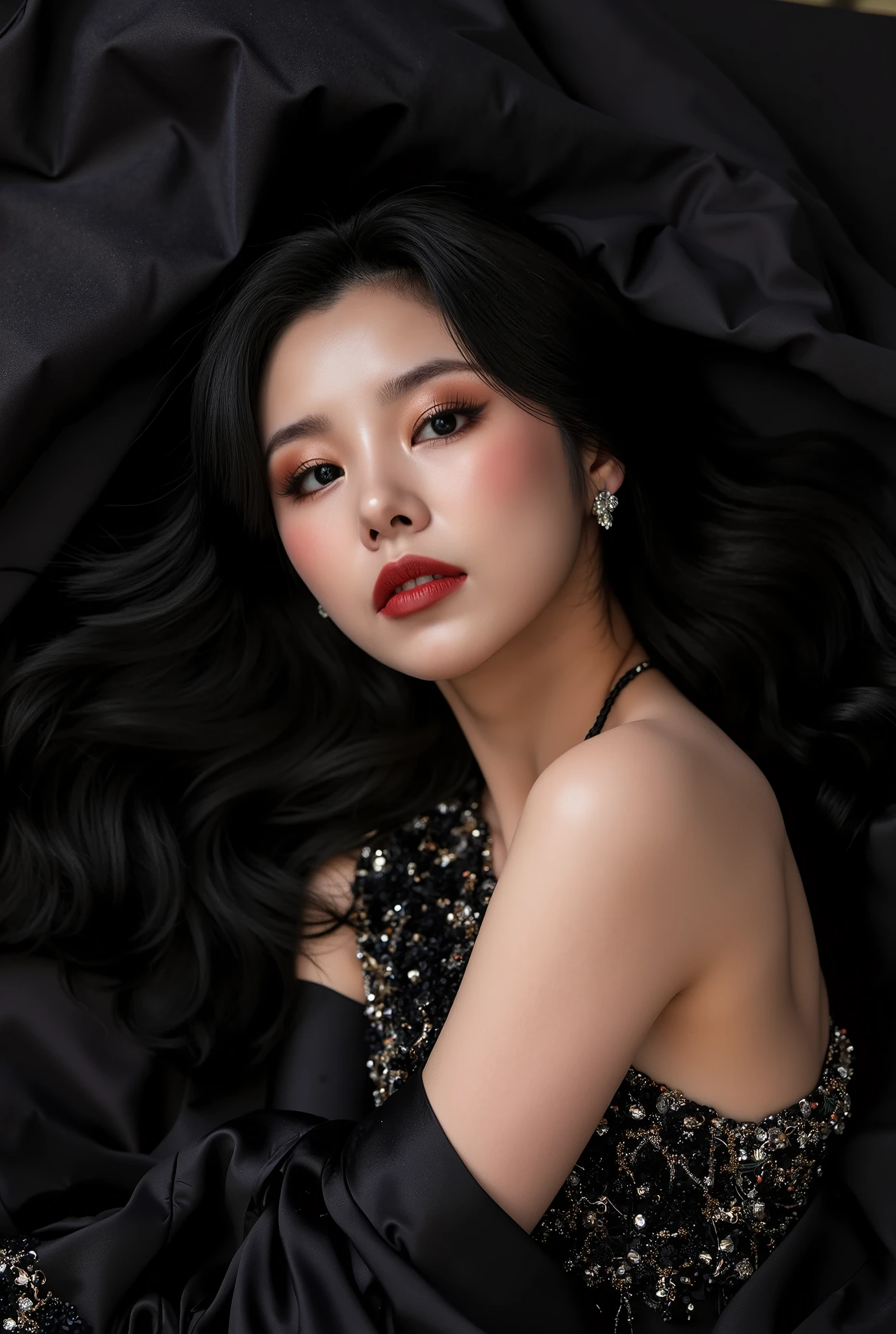 “Dark Siren”
Pose An Exotic Asian Princess reclining pose with the subject lying on a luxurious, dark fabric, looking up with a seductive gaze.
Makeup: Deep, jewel-toned eyeshadows with a glossy, dark lip and shimmering highlighter.
Hairstyle: Long, flowing waves with a touch of metallic sheen.
Outfit: A high-fashion, dark silk gown with intricate beading and embellishments.
Details: Focus on the luxurious textures and the ethereal, dark beauty of the look.