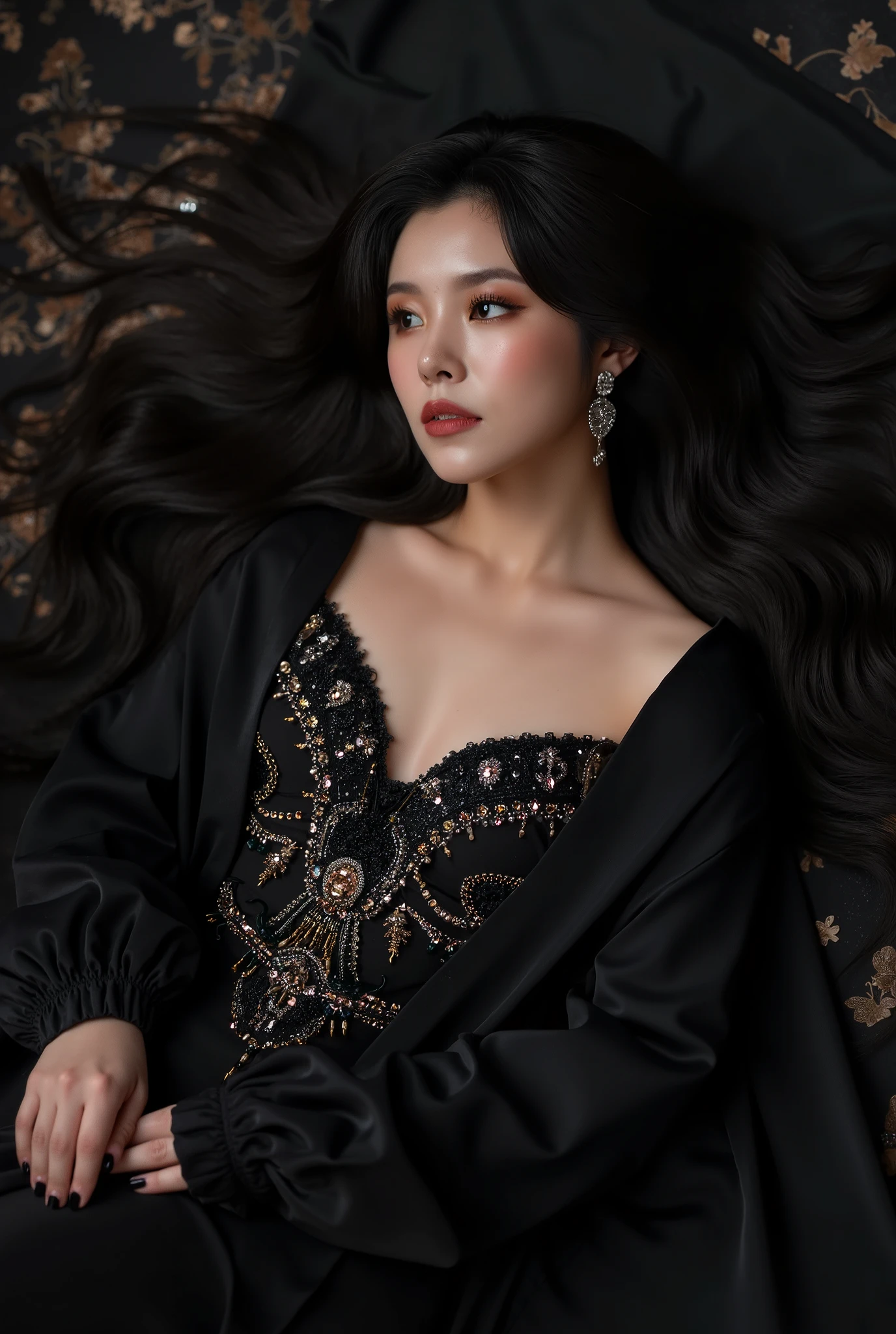 “Dark Siren”
Pose An Exotic Asian Princess reclining pose with the subject lying on a luxurious, dark fabric, looking up with a seductive gaze.
Makeup: Deep, jewel-toned eyeshadows with a glossy, dark lip and shimmering highlighter.
Hairstyle: Long, flowing waves with a touch of metallic sheen.
Outfit: A high-fashion, dark silk gown with intricate beading and embellishments.
Details: Focus on the luxurious textures and the ethereal, dark beauty of the look.