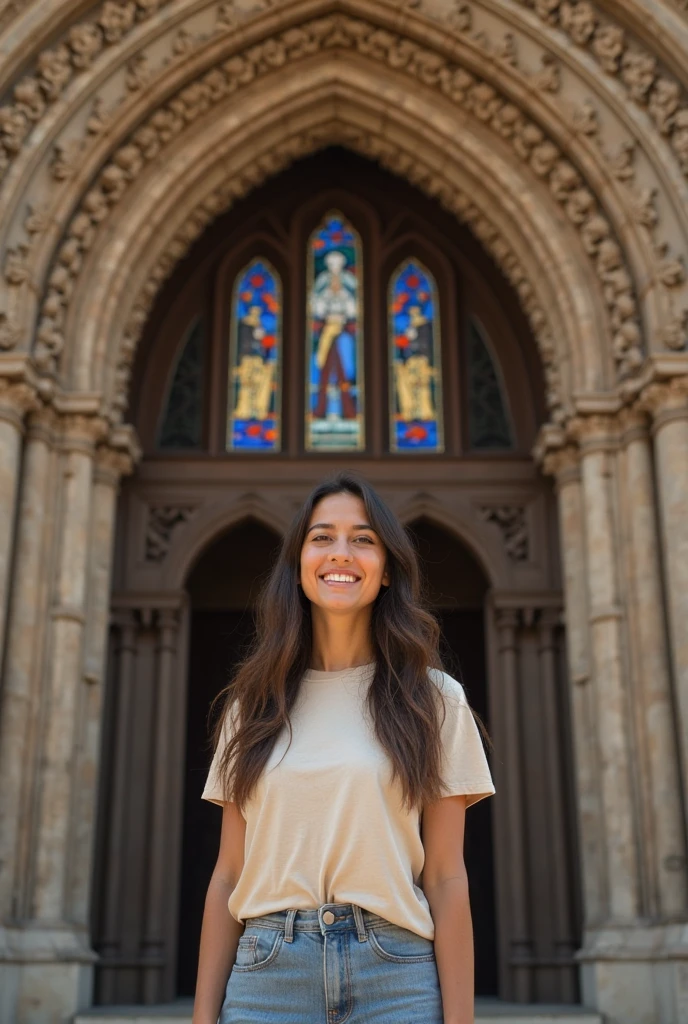 an 18 year old Brazilian girl, with light skin, long brown hair, and brown eyes. Mariana is in front of a historic church in Independência, Ceará. She is smiling slightly at the camera, wearing a light blouse and jeans, suitable for a sunny day. Ao fundo, the facade of the church is visible, with architectural details typical of the region and some trees nearby. Natural daylight highlights the colors of the church and the surrounding vegetation. Image quality is poor, with lower resolution and slight blur, as if it was taken by a device with a poor quality camera. Mariana's expression is calm and friendly, reflecting the serenity of the place. Photographic style: realistic and detailed image, with inferior quality, ideal to be used as a non-Facebook layer photo, capturing Mariana in a beautiful and meaningful setting.