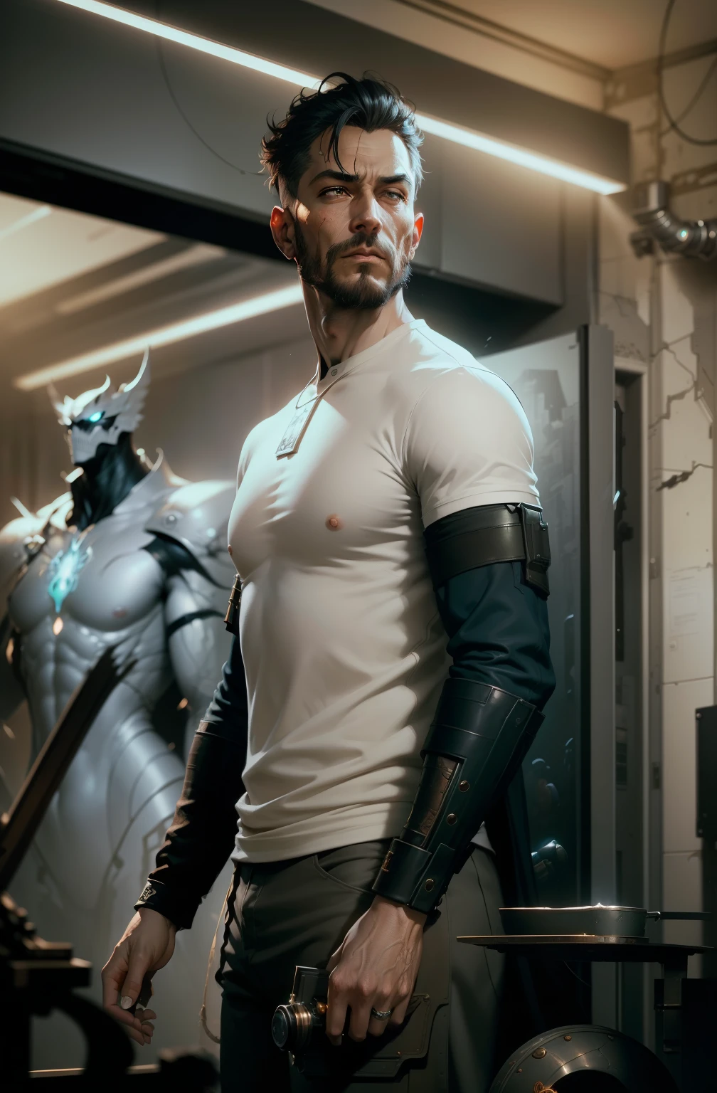 A cybernetic man in the range of 27 years old, muscular stereotype (mechanical parts: 1.5), fighting, bright eyes, short hair, tight supersuit torn, in a destroyed city, smoke and fire, aura of brilliant power, dynamic pose, dynamic vision, hyper detailed, 8k quality, with tattoo on the arm, mechanical Roman watch on the chest, merge images, hyper realism. Enjoy original photo base