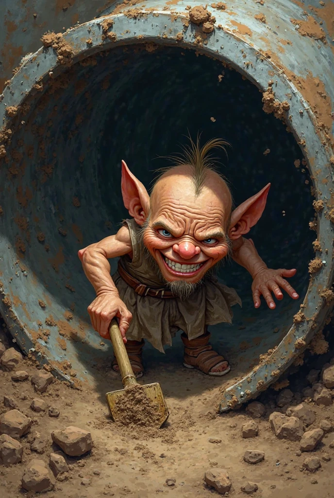 A dwarf deep inside the dirty pipe cleaning with a mop in his hand