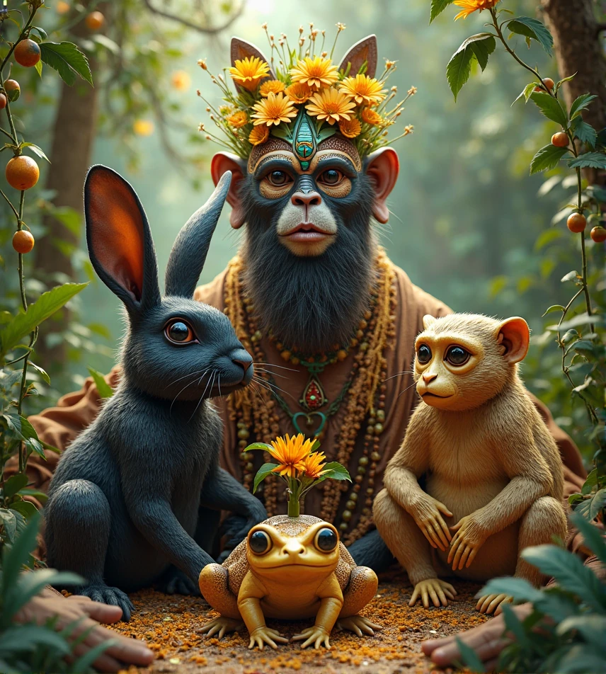 Chimpanzee cub with indigenous headdress on head, ((meditating)) large colored feathers, facing the camera, detail: sitting in the middle of dense tropical foliage, highly detailed intricate, ((masterpiece)), ultra hyperrealistic, masterpiece