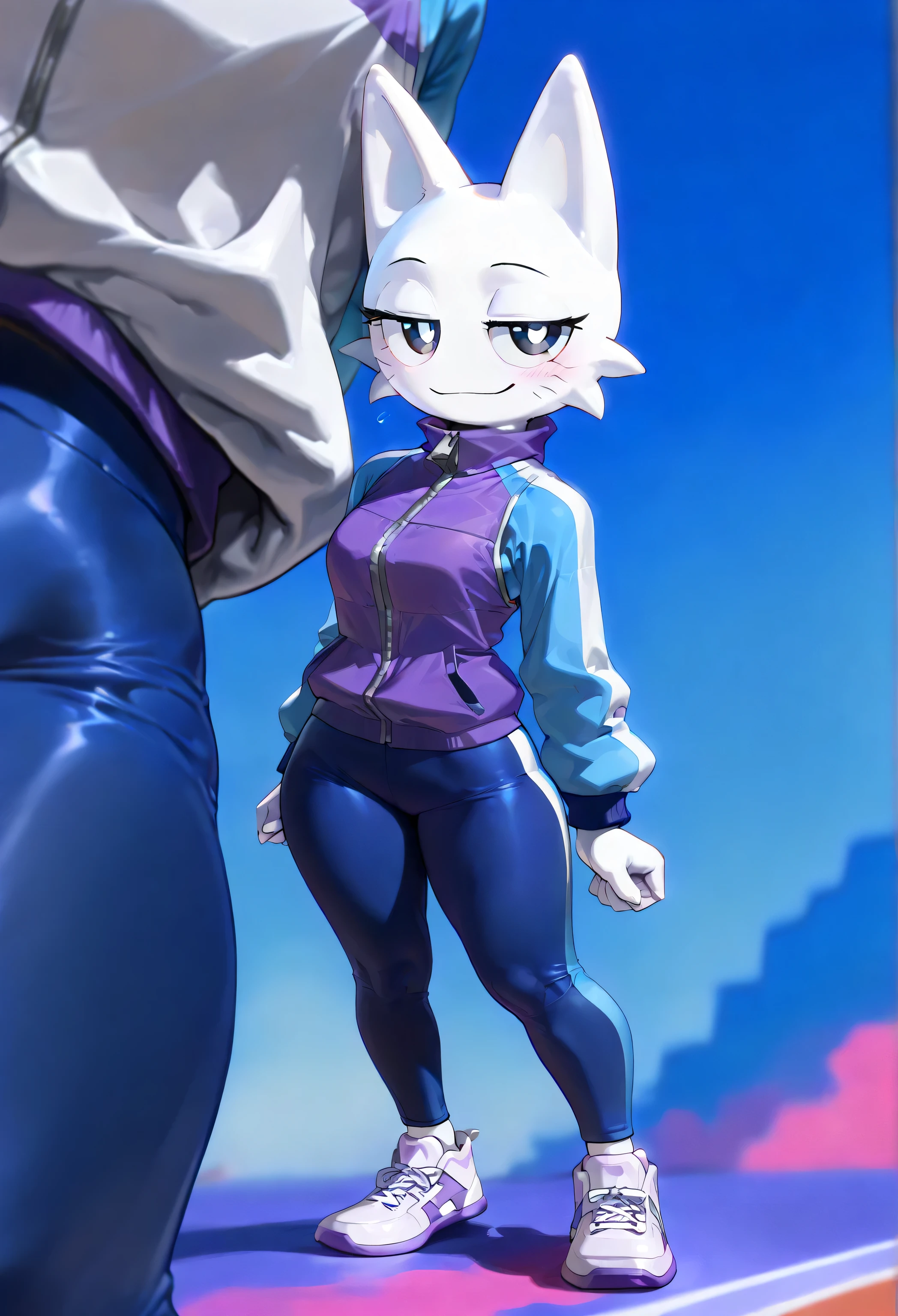 score_9,score_8_up,score_7_up,score_6_up,((no nose)), ,(standing, posing standing, standing, posing embarrassed,), 1girl, furry, white skin, (black eyes with big white pupils), no human, smile, anthropomorphic features, white circular face, half-closed eyes, sharp triangular ears, spiky whisker-like protrusions, minimalistic design, monochromatic palette, cat ears, wenda, no humanoid ears, circular head, (full body), cartoonish eyes, thin black eyebrows,no human,furry,mature woman, highly detailed face, pretty face, attractive girl, erotic body, colorful background, long torso, small shoulders, feminine shoulders, perfect face, detailed face, curvy proportions, masterpiece, high quality, high resolution, high pixels, close up, extra curves,Gountro,Gats Style,((tight clothing)), ((1vest, Purple filling vest, longe vest, apiconated purple vest)), ((sky blue fitted sports jacket, fitted jacket, very fitted jacket, Fitted jacket, sky blue leggings, white line on the sides of the leggings, sports tennis with pink details)),