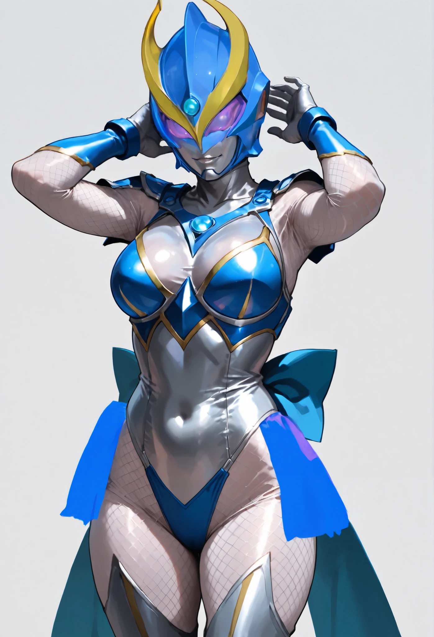 Ninja girl Ultraman. Fishnet tights style bodysuit. Silver bodysuit. Blue armor. Bikini armor. Blue full face helmet. Kabuto. Alien eyes. Thick legs. Thighs. Long bow.
