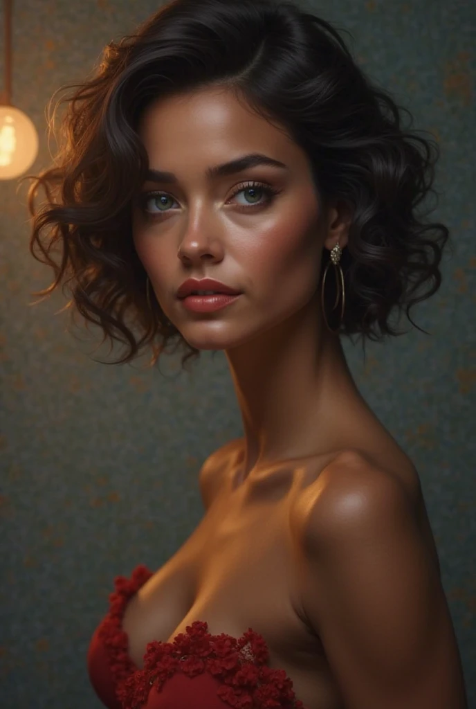 Drawing of a Brazilian woman with short curly hair, curtain, wearing a beautiful bow