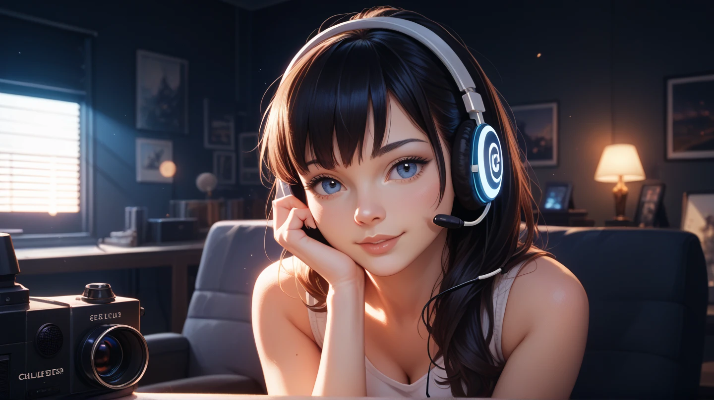 Woman, Brown Hair, messy hair, blue eyes, large breasts, dolphin shorts, tank top, (Sitting in desk chair leaning forward onto desk), Sleeping on desk, Computer on, Dark Bedroom, Night time, Lights turned off,  headphones on head, (Bunny Ear Headphones), ((Looking up at viewer)), Smiling, hanging, sideboob