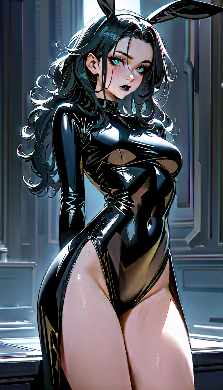 (masterpiece), best quality, depth of field, 1girl, solo, looking at viewer, smilling,breasts, helenparr, domino mask, mask, tight bodysuit, elbow gloves, thighhighs, thigh boots, wide hips, sitting on bed edge, ((opened legs:1.4)), at the kid's bedroom