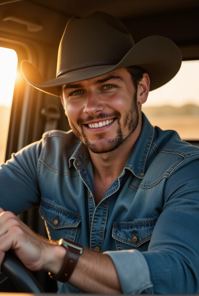 The country singer is captured in a **tight close-up shot**, driving with a confident and relaxed expression. His **cowboy hat** sits perfectly on his head, casting a subtle shadow over his deep, expressive eyes, which reflect the golden hues of the sunset. His slightly squinting gaze and warm smile add an effortless charm to the moment. The **texture of his lightly stubbled jawline**, combined with the soft glow of the setting sun, enhances the realism of the shot. His **slightly tousled dark hair** peeks subtly from under the hat, framing his strong features.
The background is intentionally blurred, with glimpses of the truck’s **worn leather interior** and warm reflections on the glass, adding depth and authenticity. The sunlight filters through the windshield, creating a natural lens flare and accentuating the **rich details of his skin and clothing**. His **fitted denim shirt with the sleeves rolled up** and a **leather-strapped vintage wristwatch** complete the look, reinforcing his rugged country style.
Shot with a **Sony A7R IV and a Sony FE 85mm f/1.4 GM lens**, the image captures ultra-sharp details with a beautiful, cinematic bokeh effect. The interplay of light and shadow, along with the lifelike skin texture, makes this the perfect **promotional or profile shot**, showcasing the authentic and charismatic essence of a modern country artist.