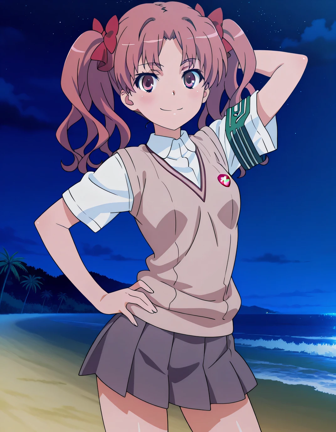 Shirai Kuroko
long hair,pink hair,wavy hair,twintails,hair bow,red bow,hair ribbon,red ribbon,parted bangs,pink eyes
tokiwadai school uniform,brown sweater vest,white shirt,collared shirt,armband,short sleeves,small breasts,miniskirt,grey skirt,pleated skirt, anime screencap, pink bikini, shiny skin, solo, night sky, beach, hand behind head, hand on hip, ((contrapposto)), closed mouth, cowboy shot, looking at viewer, smile, best quality