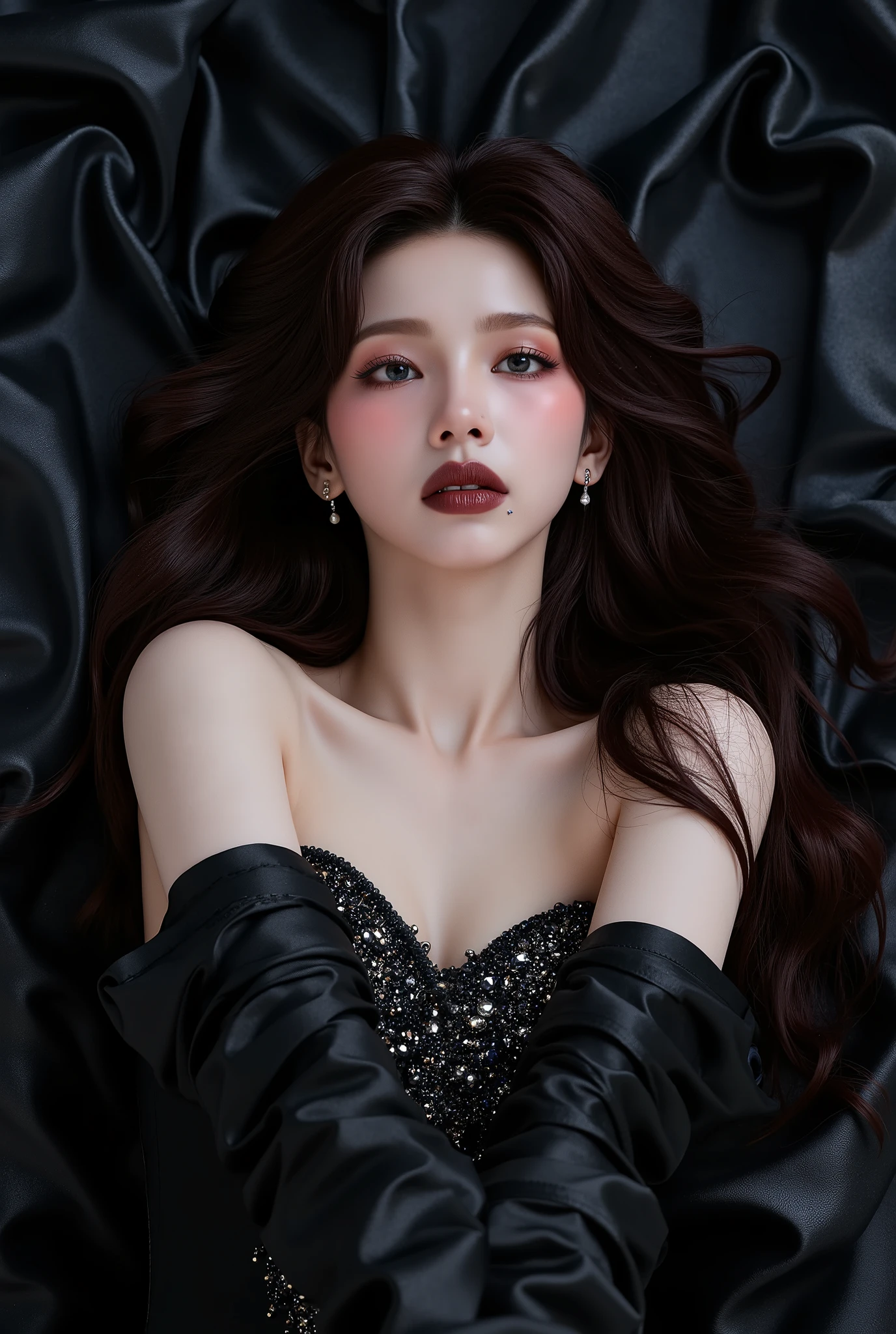 “Dark Siren”
Pose An Exotic Asian Princess reclining pose with the subject lying on a luxurious, dark fabric, looking up with a seductive gaze.
Makeup: Deep, jewel-toned eyeshadows with a glossy, dark lip and shimmering highlighter.
Hairstyle: Long, flowing waves with a touch of metallic sheen.
Outfit: A high-fashion, dark silk gown with intricate beading and embellishments.
Details: Focus on the luxurious textures and the ethereal, dark beauty of the look.