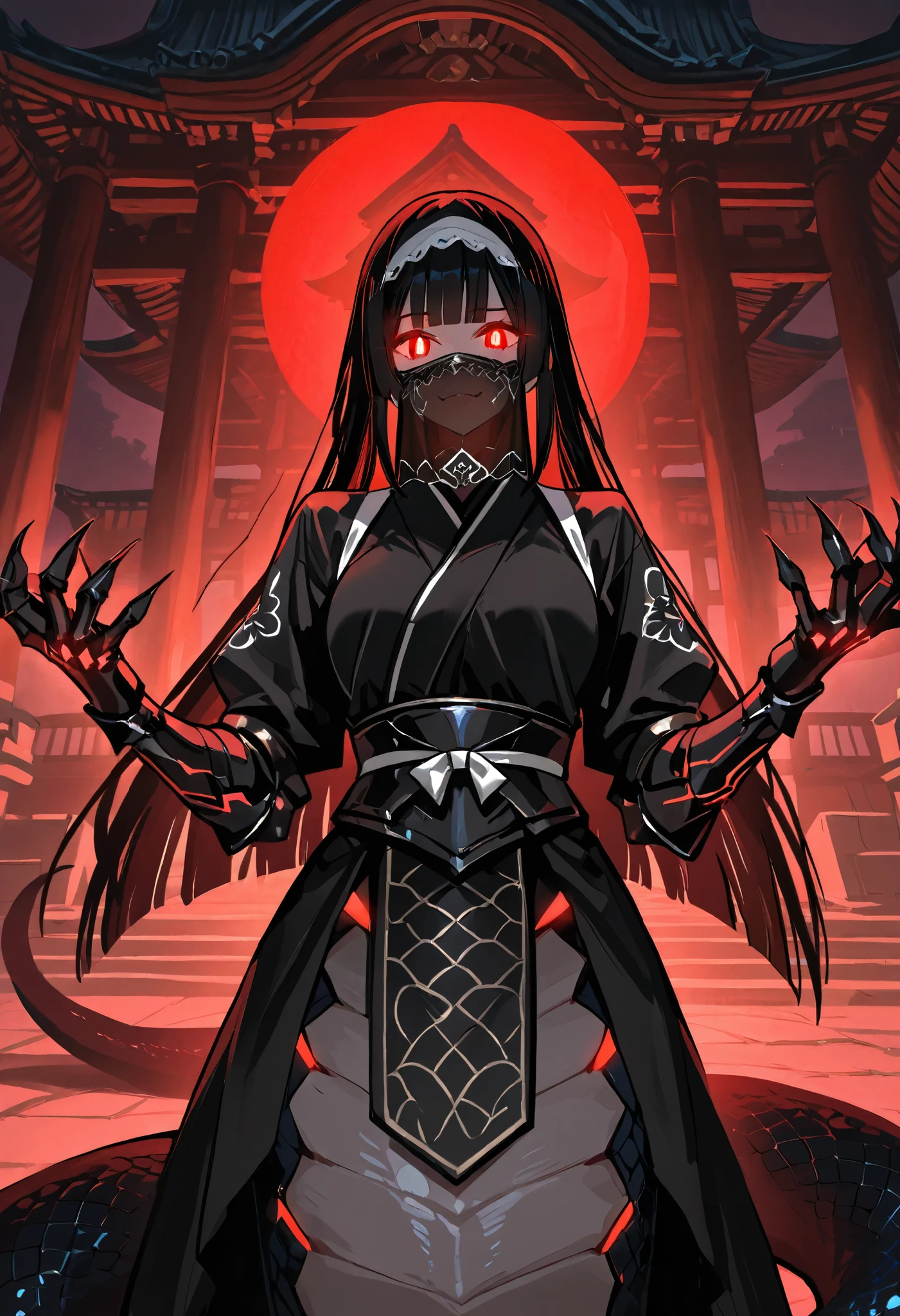 Lamia-style girl. Black snake body. Black straight hair. Face veil. Japanese maid outfit. Armored hand.. Spiky. Red glowing lines. Sharp claws. Glowing eyes. Cat pupils. Japanese-style architecture.
