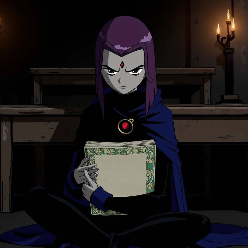(raven_dc), 1girl, solo, looking at viewer, short hair, large breasts, simple background, white background, jewelry, medium breasts, purple eyes, full body, purple hair, thighs, boots, belt, hood, cape, leotard, book, covered navel, colored skin, highleg, ass visible through thighs, thigh gap, gem, black leotard, bridal gauntlets, highleg leotard, floating, open book, grey skin, forehead jewel, floating object,3D