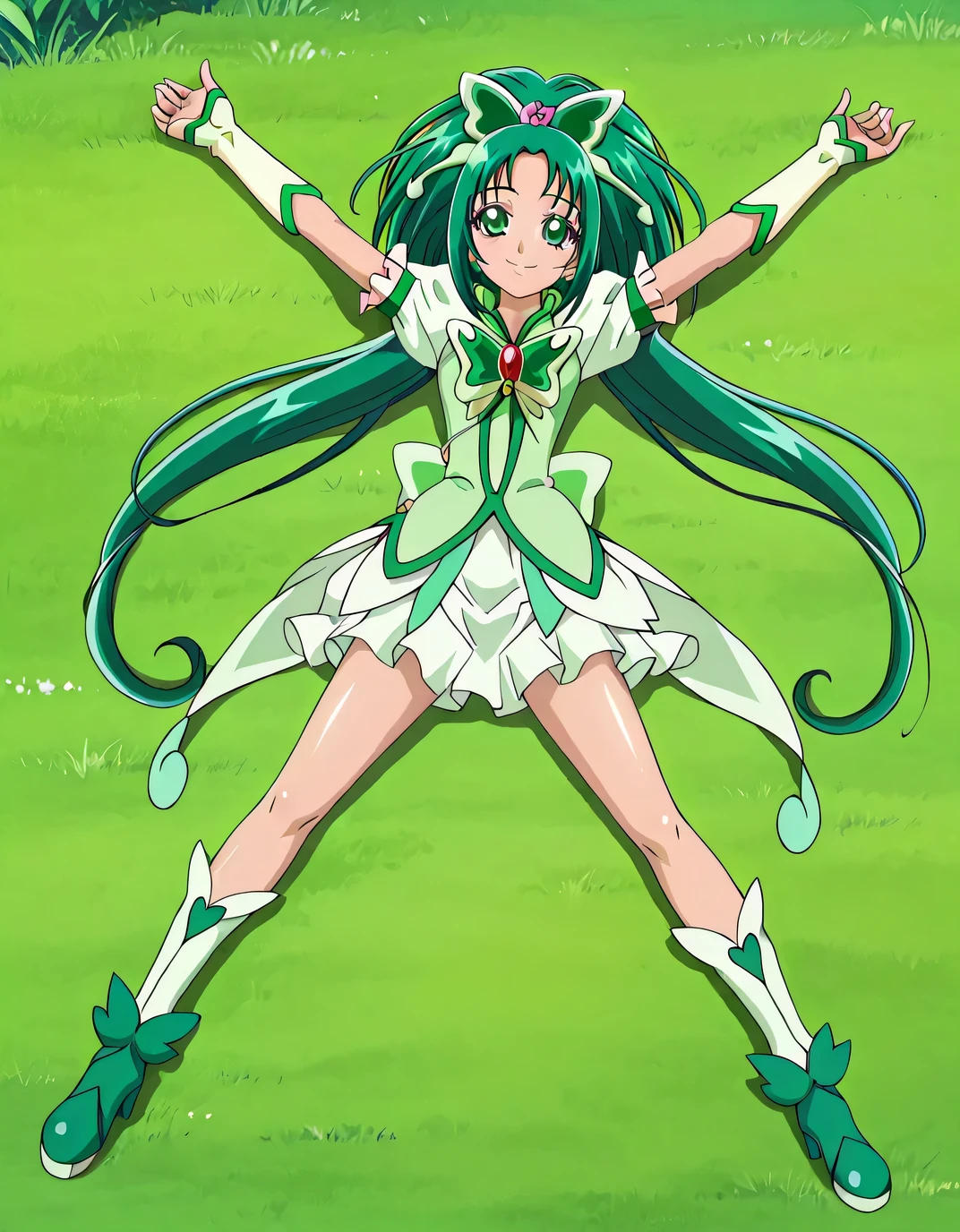 Anime girl with long green hair and white dress in a field - SeaArt AI