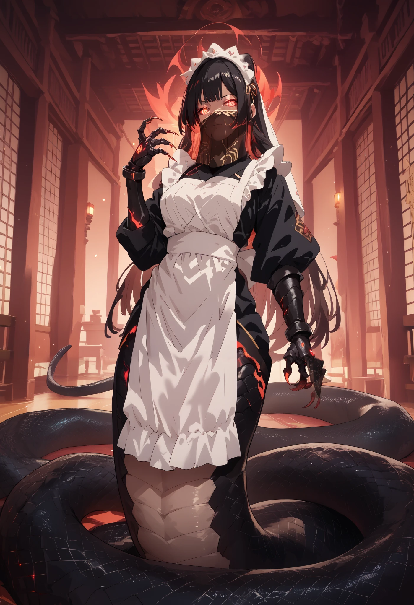 Lamia-style girl. Black snake body. Black straight hair. Face veil. Japanese maid outfit. Armored hand.. Spiky. Red glowing lines. Sharp claws. Glowing eyes. Cat pupils. Japanese-style architecture.