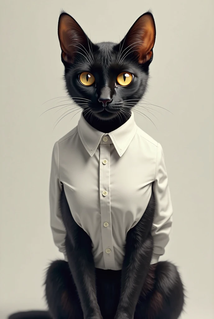 "A adult female black cat. Looking straight ahead wearing pink  t-shirt. Background white. 
