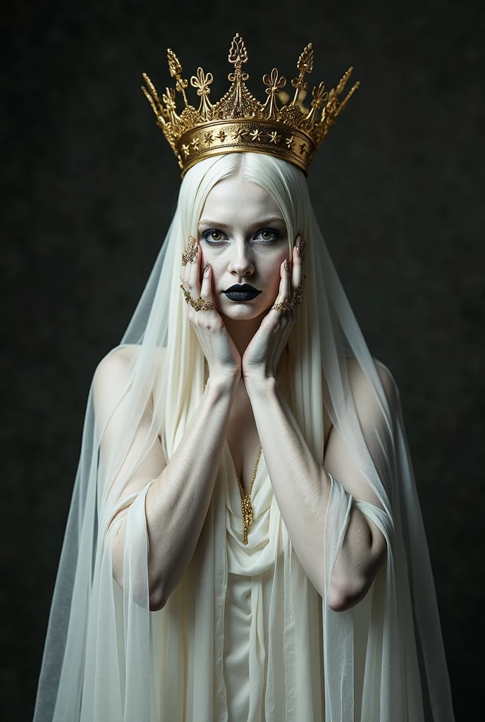 lifeimitatesart (masterpiece, raw photo, fashion editorial) a woman, white wig, bouffant, dark shot, rococo, seraphim, transparent dress, pearls, painted backdrop, cloud faded, film grain, muted colors, photography, epic realistic, blue eyes, enigmatic smile, Huge breast, detailed face, soft focus
