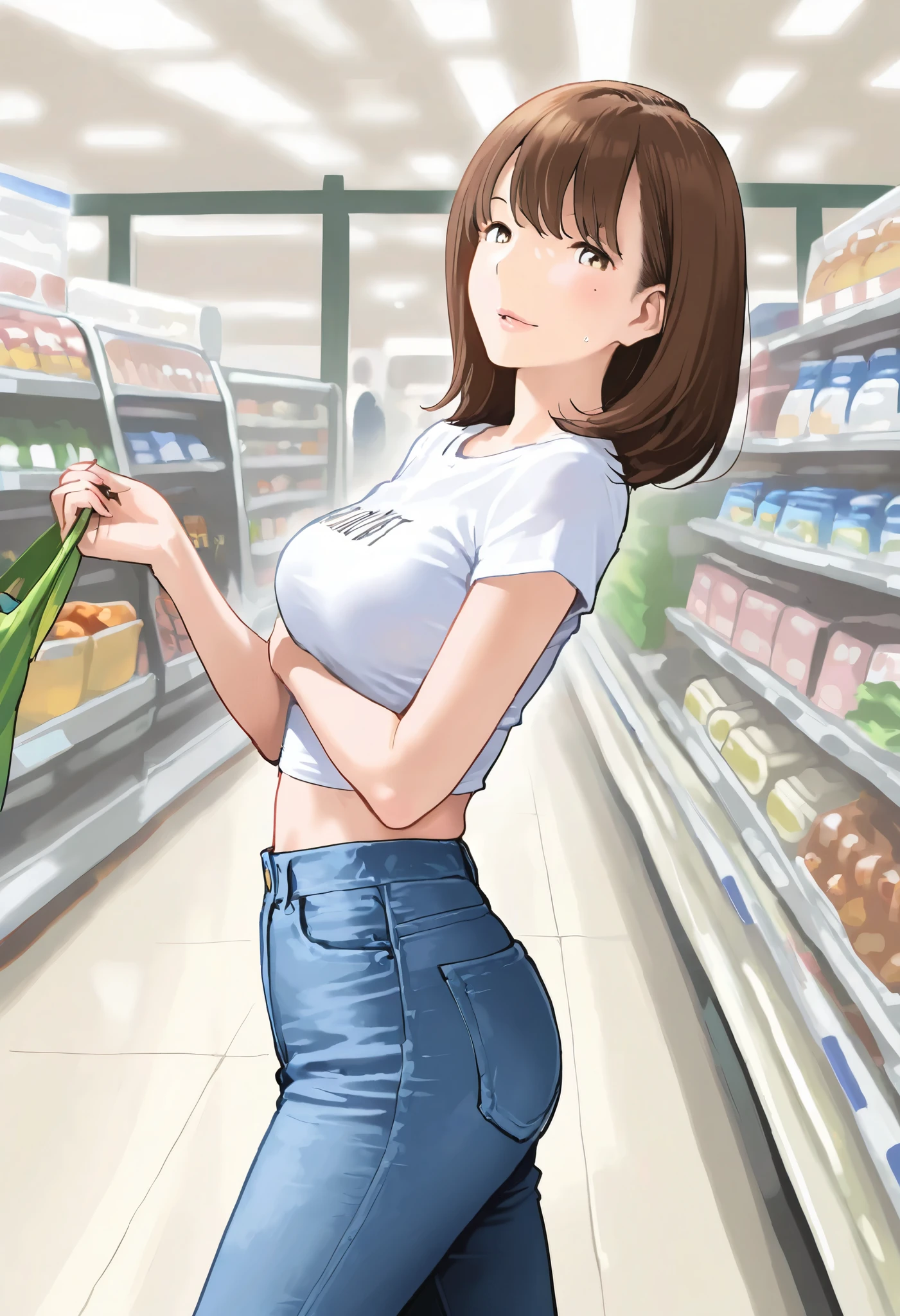 cute girl, 1girl, solo, mature woman, slender body, brown hair, medium hair, brown eyes, undersized t-shirt, skinny denim pants, midriff, walking in grocery store, medium breasts, shopping, from side, girl focus, , ultra detailed, highres, general, masterpiece, best quality, amazing quality, very aesthetic, absurdres, newest,