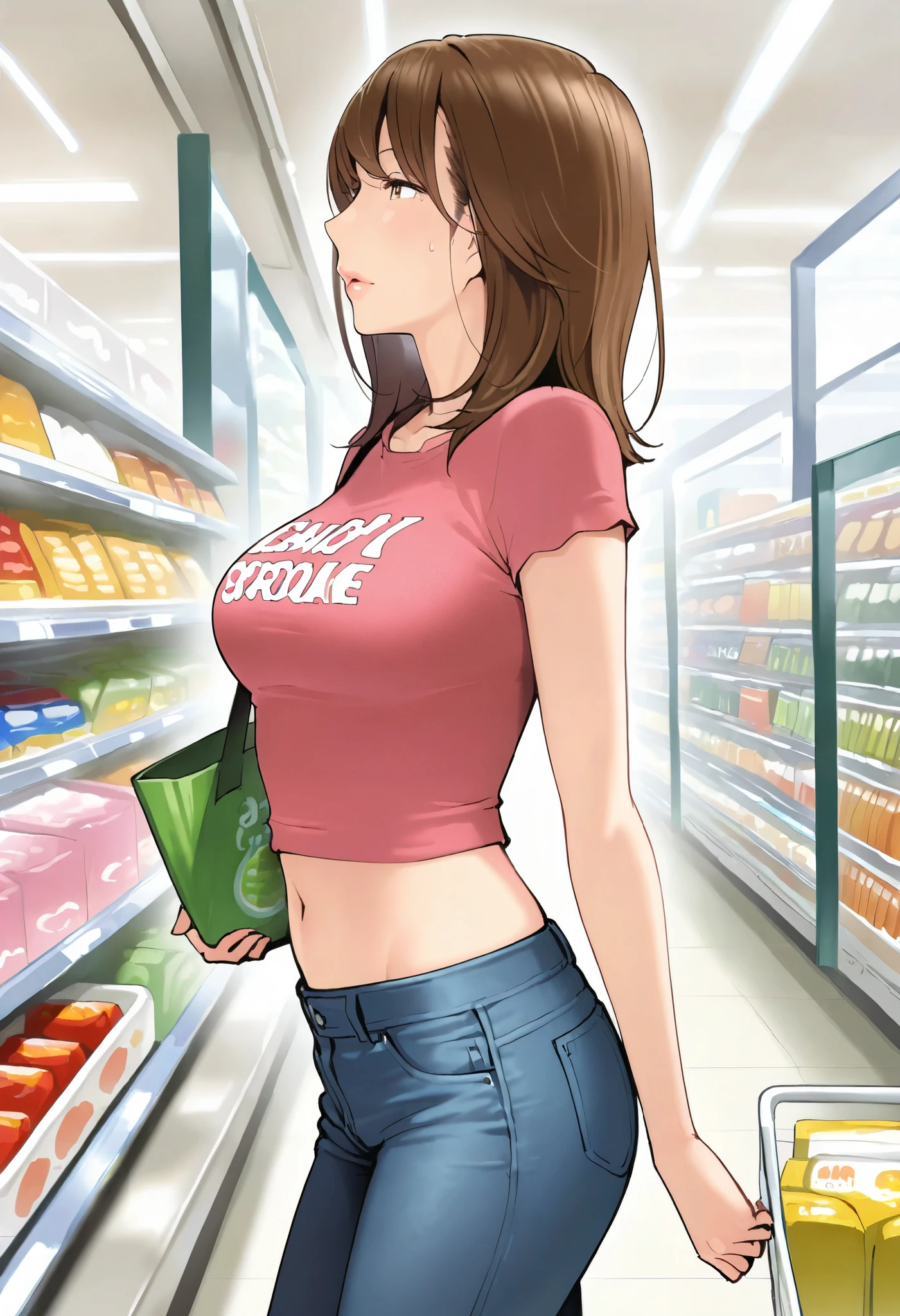 kgr, 1girl, solo, mature woman, slender body, brown hair, medium hair, brown eyes, undersized t-shirt, skinny denim pants, midriff, walking in grocery store, medium breasts, shopping, from side, girl focus, , ultra detailed, highres, general, masterpiece, best quality, amazing quality, very aesthetic, absurdres, newest,