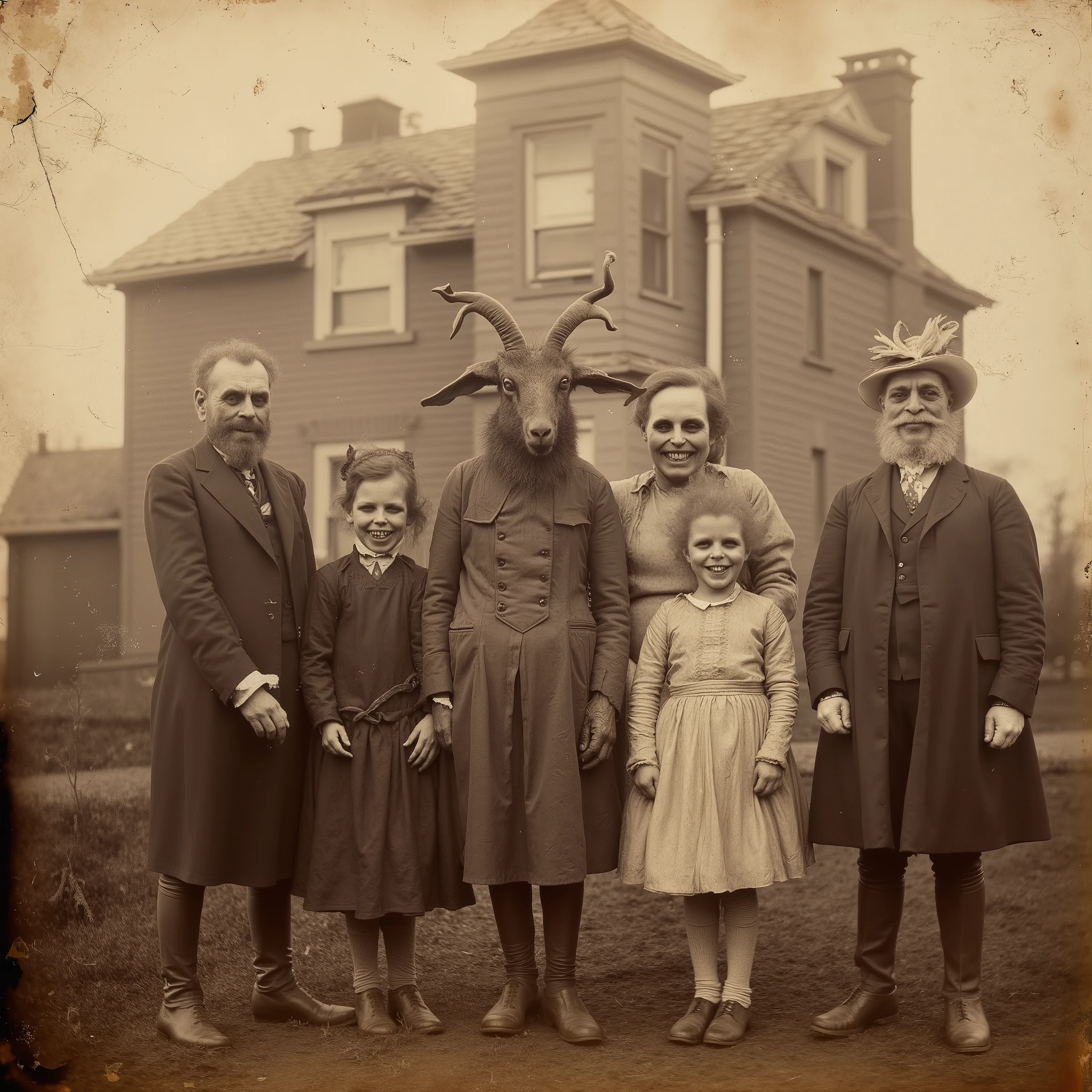 An old, faded, and slightly damaged photograph showing a family from the 1920s posing in front of a countryside house. Everyone is smiling, except for one figure in the middle: a humanoid creature with the head of a goat, dressed in formal clothing from the era. Its eyes seem alive, and its presence is naturally accepted by the others, as if it were just another relative.