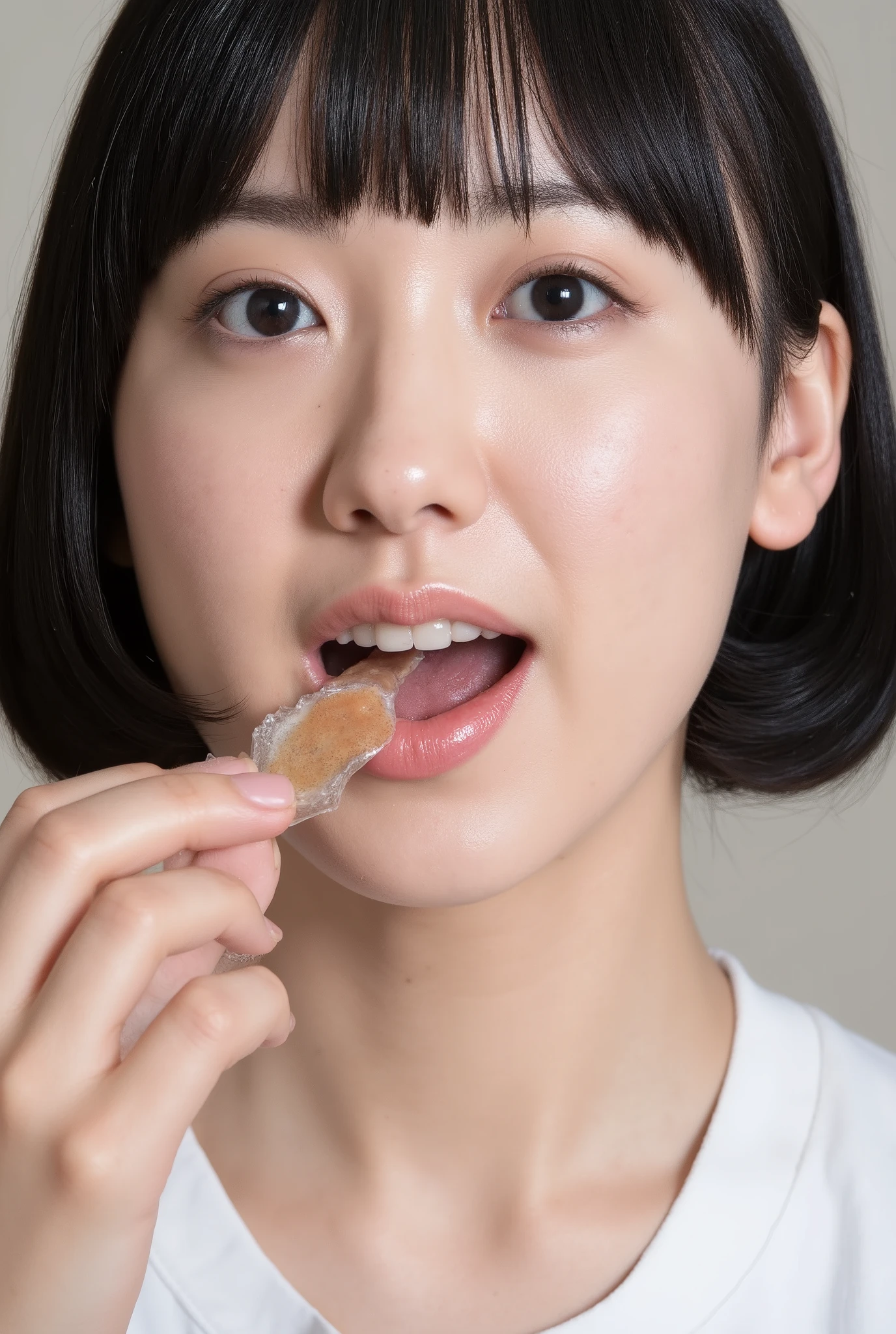 high-resolution young Japanese female idol photo, Alone, ( open your mouth, After the blowjob、 in the mouth), indoors 、Japanese woman in her 30s putting white sauce around her mouth、applying the tip of a large matsutake mushroom to her mouth、Woman with her mouth wide open、The back of her cheek swells