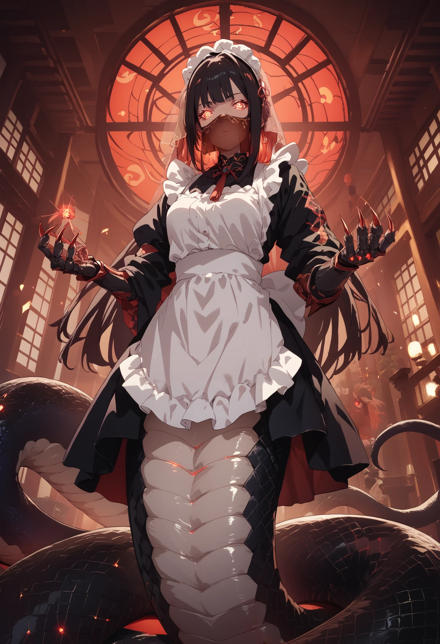Lamia-style girl. Black snake body. Black straight hair. Face veil. Japanese maid outfit. Armored hand.. Spiky. Red glowing lines. Sharp claws. Glowing eyes. Cat pupils. Japanese-style architecture.