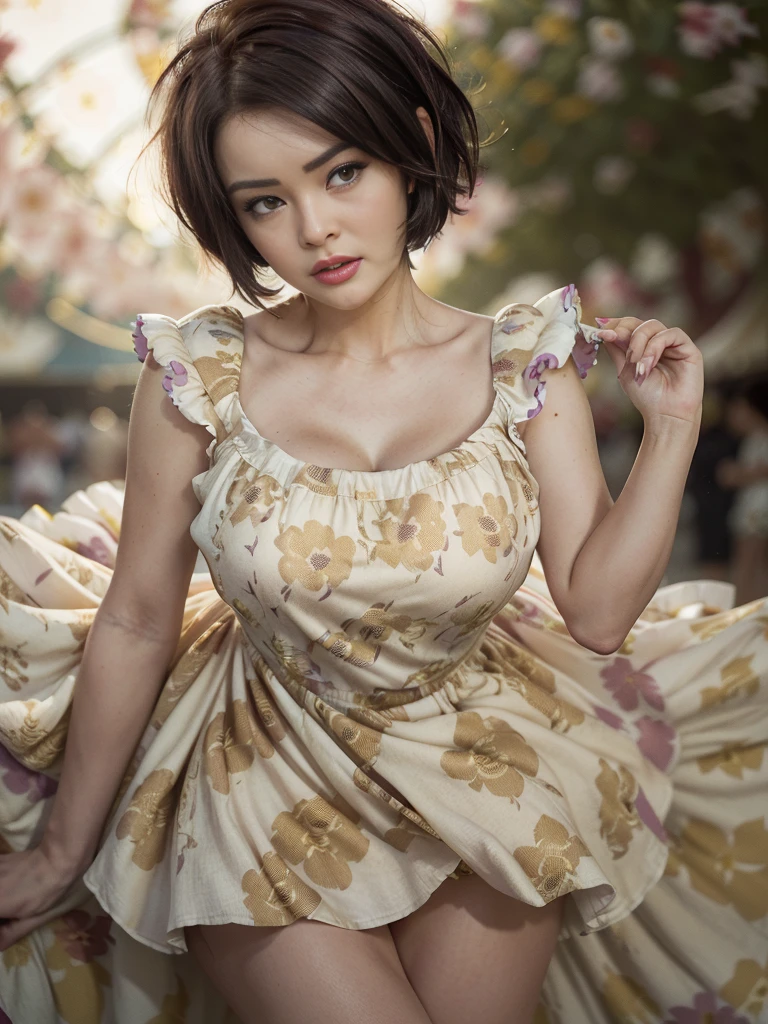 1 girl, Blue eyes. Full-length, holding a lily in her hand, short blue bell dress with yellow stripes, straps, and open shoulders. Blue eyes glow with happiness. Head tilted, short brown hair, graceful head, with a clear smile on her face, Chic interior - sunshine. Chara, a golden studio background, stands among white flowers. Brown hair, blunt bangs, hair between the eyes, parted bangs, long eyelashes, earrings, slight smile, Realism, Surrealism, Art Deco, chiaroscuro, backlighting, masterpiece, anatomically correct, super detail, excellent detail, award-winning, best quality, 1080P, HD