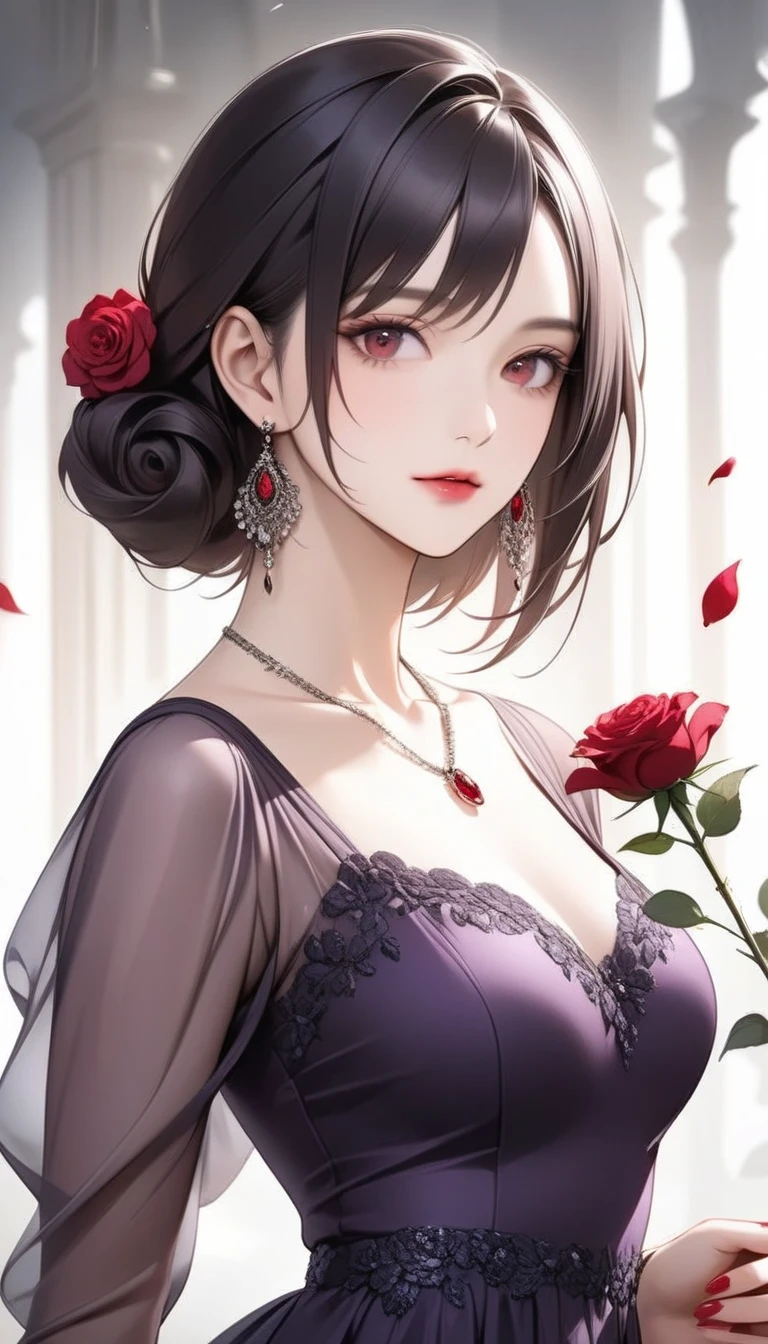 8k, RAW photo, Fujifilm, style photo of a beautiful 45 year old woman, square face, a red rose on the neck, wearing black lace dress with red, golden earrings, strong features like a spinning dove, (highly detailed skin: 1.2), medium brown hair with lights, film grain, 35mm, cute style