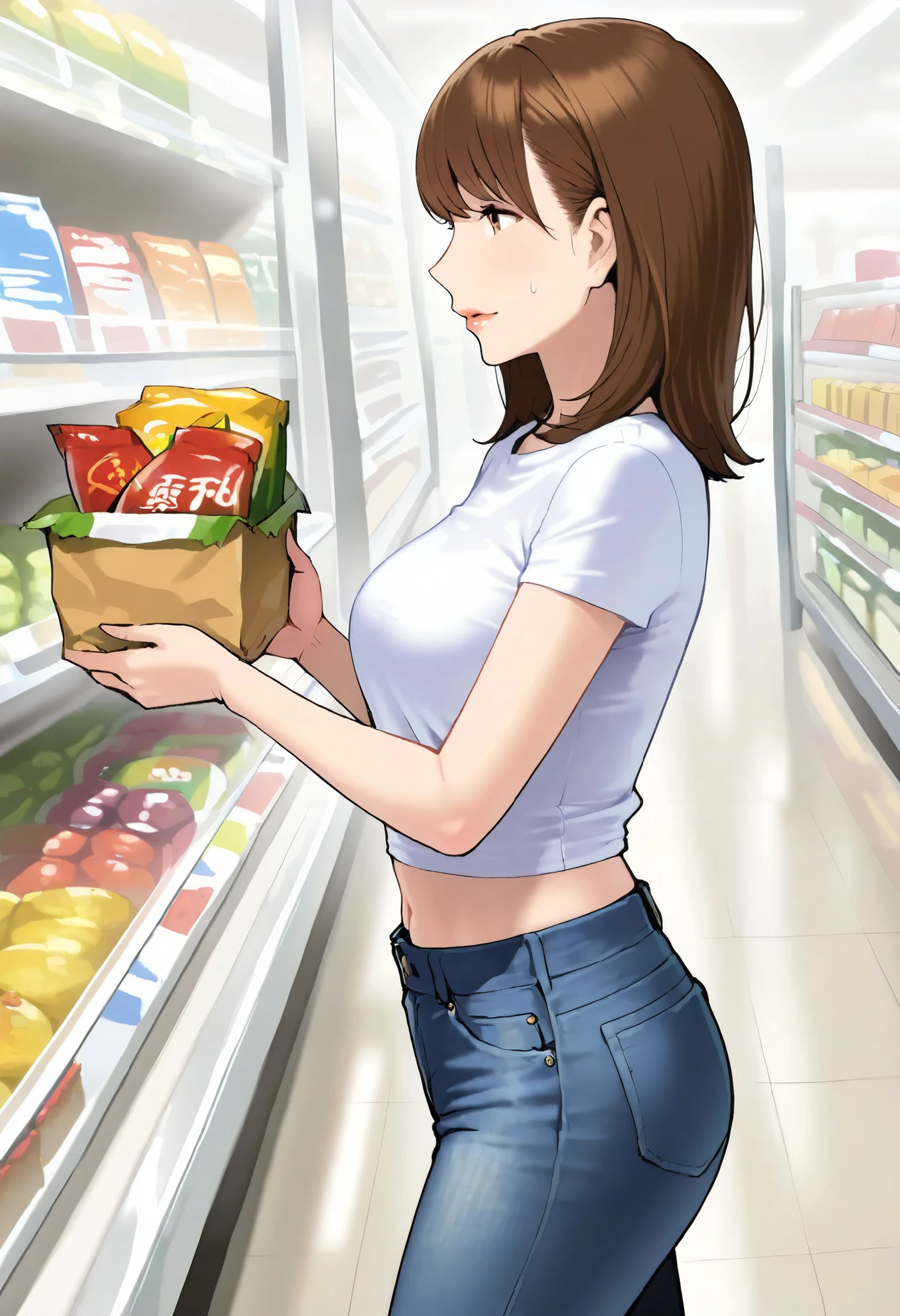 kgr, 1girl, solo, mature woman, slender body, brown hair, medium hair, brown eyes, undersized t-shirt, skinny denim pants, midriff, walking in grocery store, medium breasts, shopping, from side, girl focus, , ultra detailed, highres, general, masterpiece, best quality, amazing quality, very aesthetic, absurdres, newest,