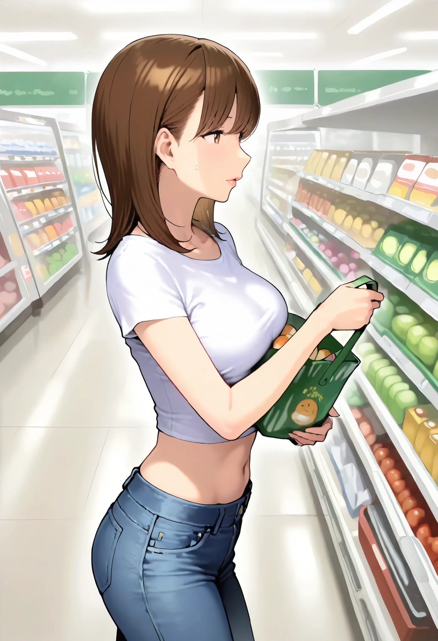 kgr, 1girl, solo, mature woman, slender body, brown hair, medium hair, brown eyes, undersized t-shirt, skinny denim pants, midriff, walking in grocery store, medium breasts, shopping, from side, girl focus, , ultra detailed, highres, general, masterpiece, best quality, amazing quality, very aesthetic, absurdres, newest,