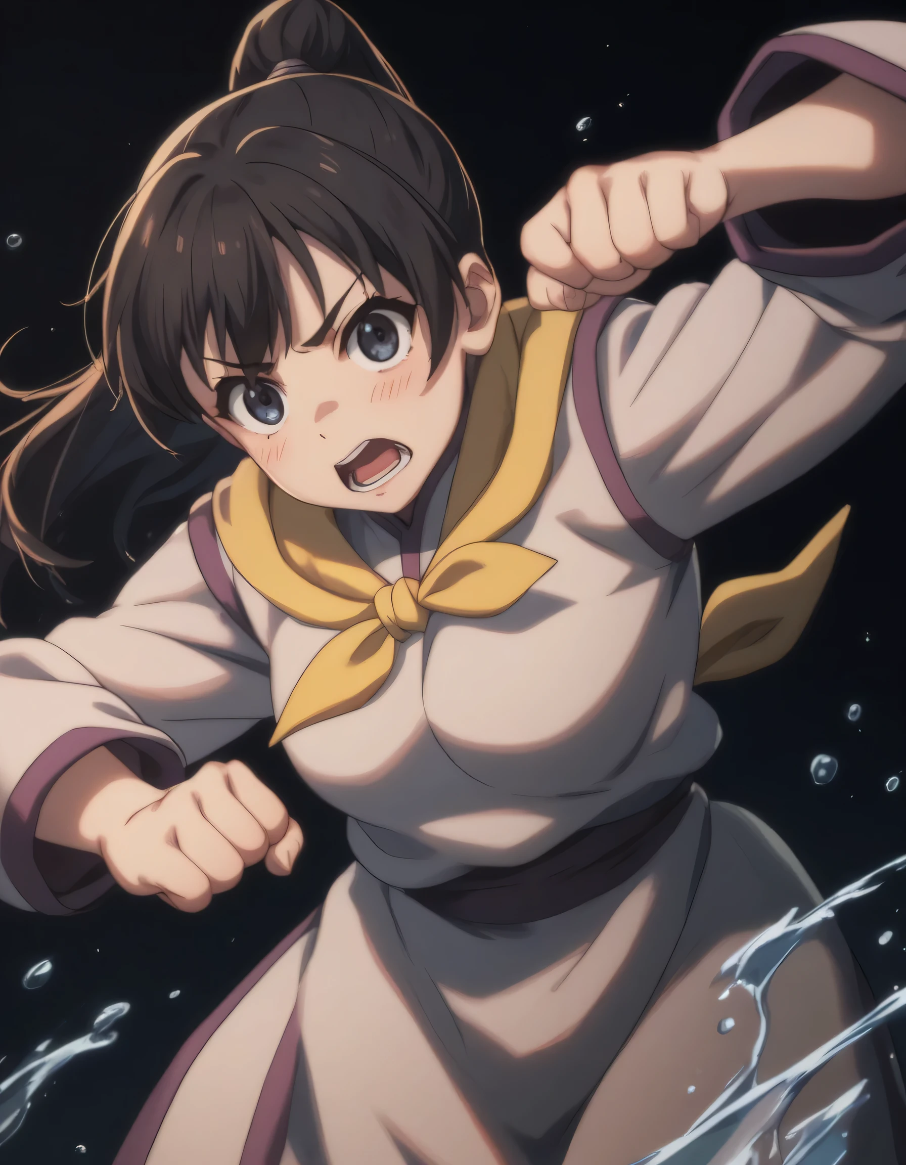 score_9,  score_8_up, score_7_up, gsfghtr, multicolored robe, neckerchief, black hair, ((open mouth)),
cinematic Lighting, 1girl,solo,looking at viewer,blush,closed mouth,fighting stance, water surrounding