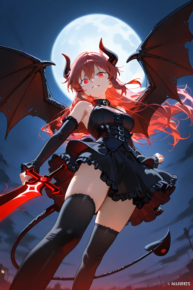 His chest was covered in blood、Anime girl with blood dripping from her chest, gapmoe Yandere grimdark, Devil anime girl, Shatia Bradfren, Bad guy anime 8k, Yandere intricate, portrait gapmoe Yandere grimdark, Vampire Girl, bloody + Concept Art, Yandere, Anime style 4k, Open mouth and bite,Blood at the corner of mouth,Small tiger teeth,Devil Wings, Gothic girl anime long skirt,Red Moon,castle