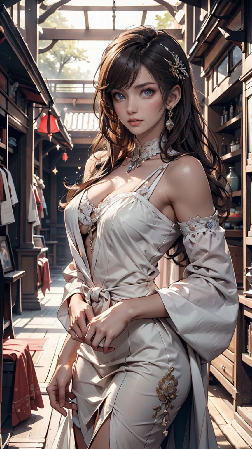 Japanese women、Brown Hair、Semi-long hair、Pink inner color around the ears、Sexy proportions、Slender and tall、Wear a high-necked dress decorated with lace、No sleeve、Wear long gloves that reach down to your upper arms、