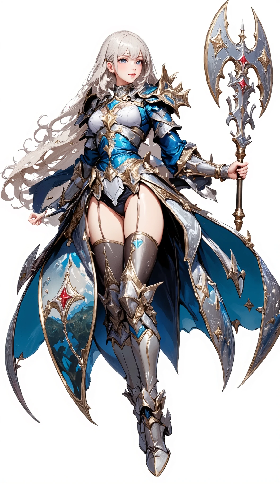 (Masterpiece:1.5,Top Quality:1.3,Amazing Quality:1.3), (Anime Character), ((nsfw)), Solo, Full Length, Chiara, 1 Girl, ((Sexy cute woman:1.5)), White Skin, Silver Gauntlets, Silver Boots, Western Armor, Shining Clothes, gleaming decorations, ((with big axe type weapon:1.6)), (Cool fighting stance:1.2), (Wielding a weapon:1.5),pulsatile, The best of the Middle Ages, Female warrior, ready to fight, glamorous, silver hair, gothic dress, muscular body, sophisticated and glittering medieval armor, beautiful, very precise and delicate animation, vivid colors, unreal world, fantasy delusion, ((full body view)), (((not background, White background))),
