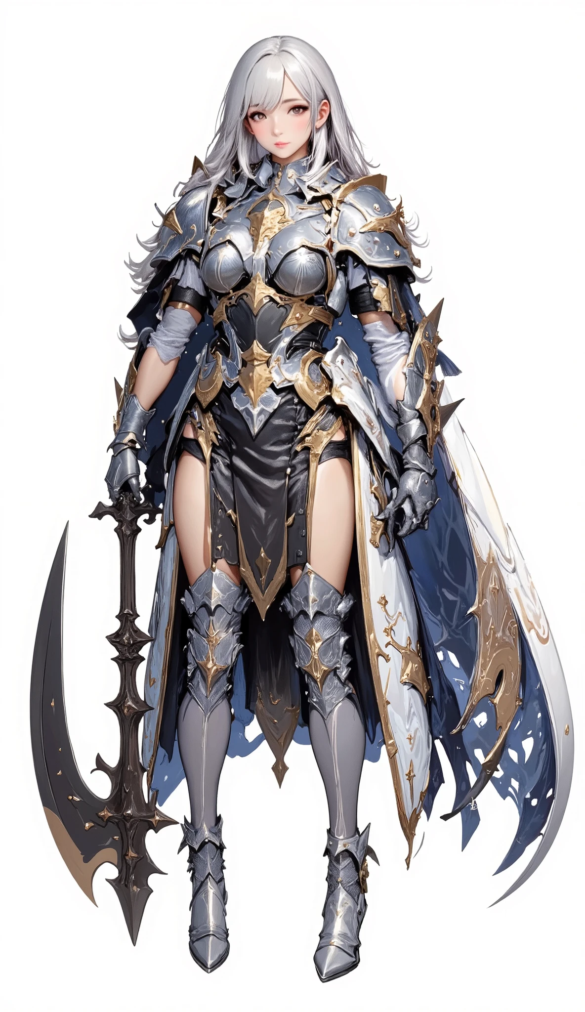 (Masterpiece:1.5,Top Quality:1.3,Amazing Quality:1.3), (Anime Character), ((nsfw)), Solo, Full Length, Chiara, 1 Girl, ((Sexy cute woman:1.5)), White Skin, Silver Gauntlets, Silver Boots, Western Armor, Shining Clothes, gleaming decorations, ((with big axe type weapon:1.6)), (Cool fighting stance:1.2), (Wielding a weapon:1.5),pulsatile, The best of the Middle Ages, Female warrior, ready to fight, glamorous, silver hair, gothic dress, muscular body, sophisticated and glittering medieval armor, beautiful, very precise and delicate animation, vivid colors, unreal world, fantasy delusion, ((full body view)), (((not background, White background))),