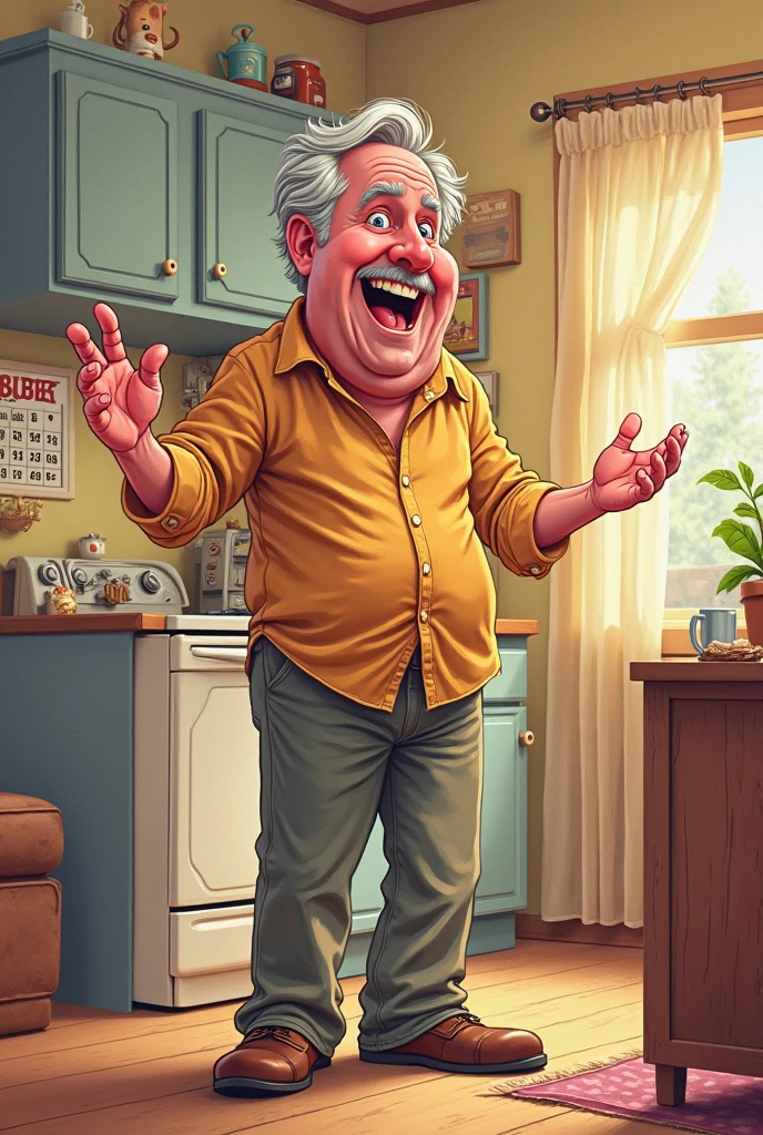 Chubby Grandpa clutching his crotch in and banging on the door with memes on the text Hurry up, I really gotta tinkle, I can’t hold it any longer!