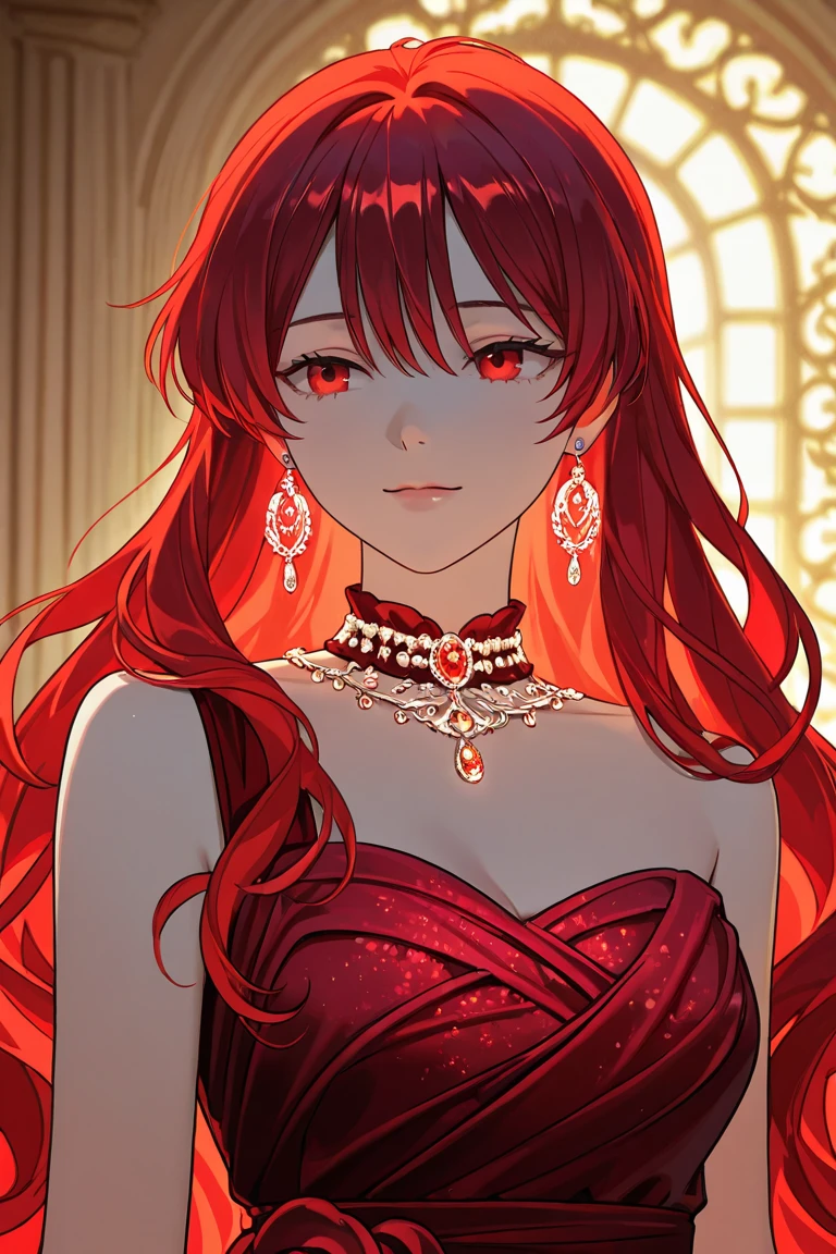 a very attractive girl with red hair wearing jewelry and pink lipstick looks sad, 1girl, solo, jewelry, red hair, earrings, long hair, messy hair, eyelashes, looking at viewer, red lips, necklace, parted lips, red eyes, black background