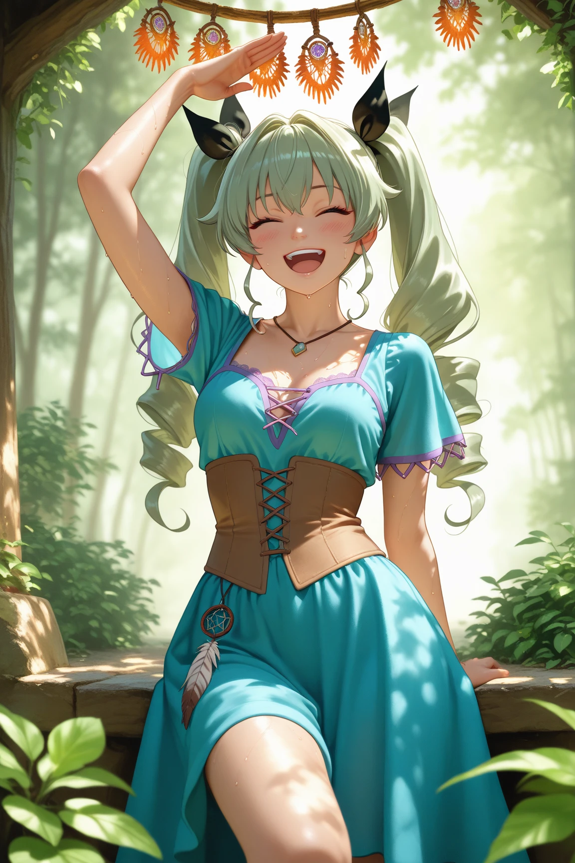 Cabello largo plateado, ojos verdes, headband, corset, skirt, flat breast, necklace, wings, ram horns, sonrisa, happy, abdomen lindo, muslos hermosos, forest