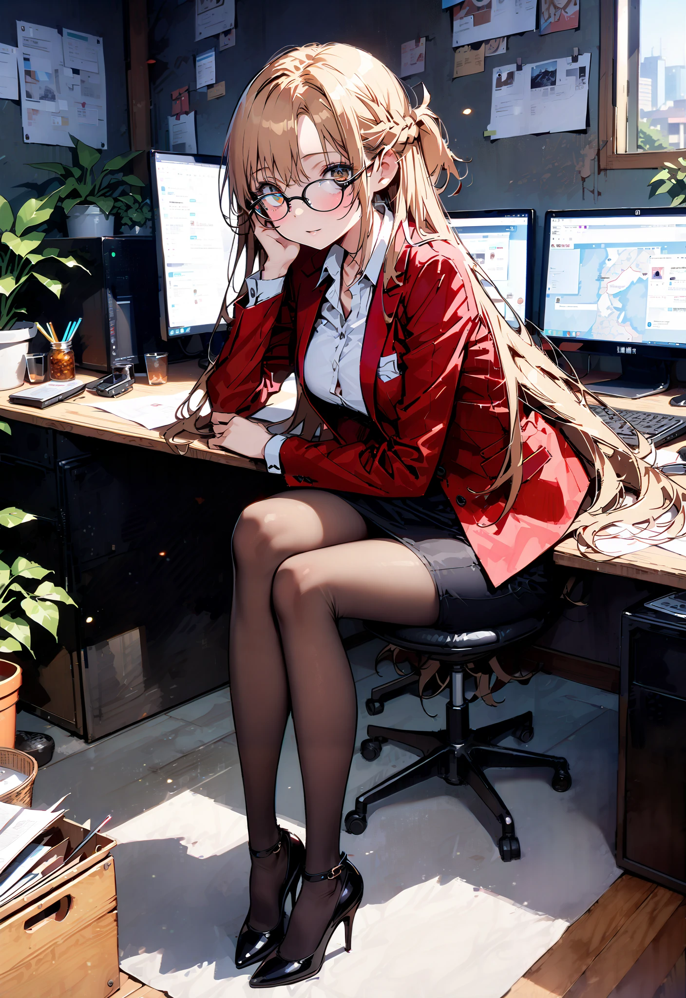  score_9,  score_8_up,  score_7_up,  source_anime, Asuna Yuki ,  long hair, Hair,brown eyes, bangs,Medium breast,,half updo, suit, pencil skirt,  jacket,  shirt,black pantyhose,Stiletto Heels,Glasses, sitting on a chair with legs crossed, Interior , computer placed on the table, beautiful scenery,work table,full bodyがイラストに入るように,      break indoors, office,
break looking at viewer,full body,
break (masterpiece:1.2),TOP QUALITY , kampala, Unity 8K Wallpaper ,(shape:0.8),(  fine, beautiful eyes  :1.6),It's a person ,full body写真,CG Details , ( perfect hands, complete anatomy),