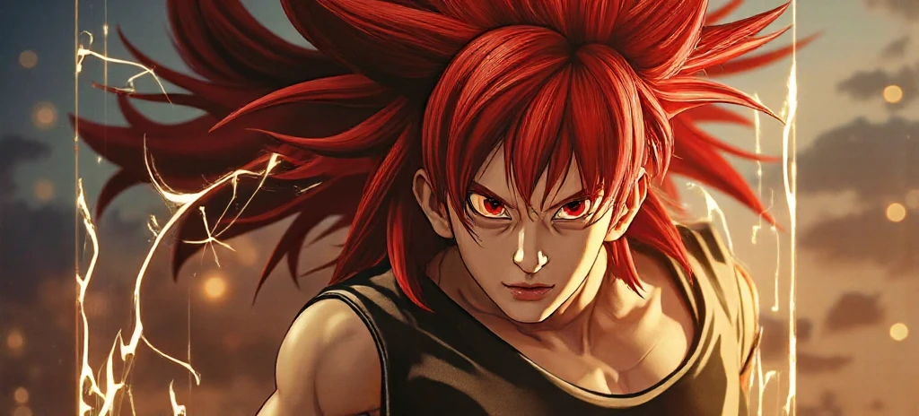 Red haired anime boy sitting on floor with legs crossed, Anime Boy, anime style character, garments:Black tank top, Boy in shorts, In anime style, anime styled」, Anime style, Muscular men, Knight of Zodiac Boy, With red hair, In an anime style, masculine and muscular