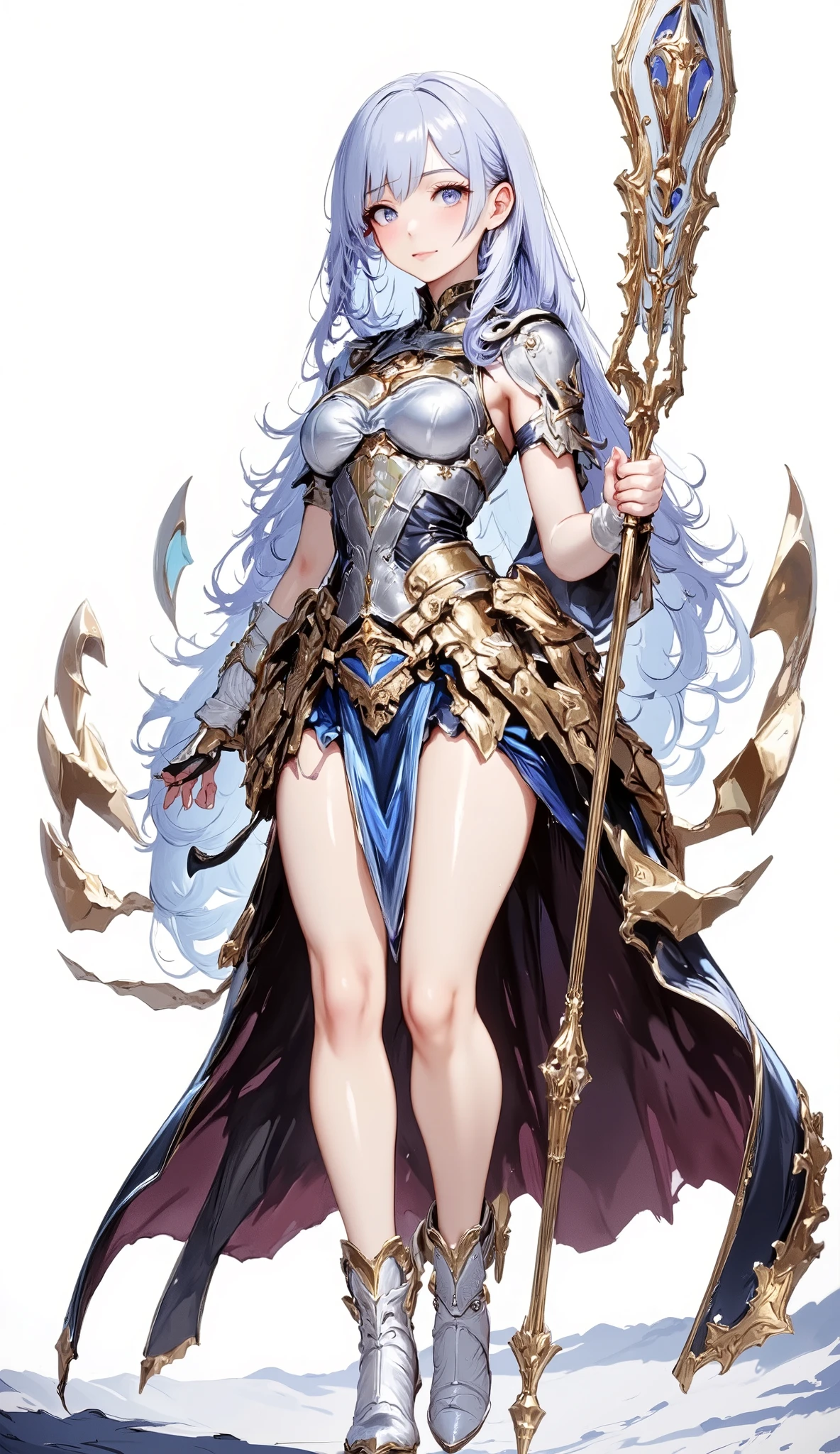(Masterpiece:1.5,Top Quality:1.3,Amazing Quality:1.3), (Anime Character), ((nsfw)), Solo, Full Length, Chiara, 1 Girl, ((Sexy cute woman:1.5)), White Skin, Silver Gauntlets, Silver Boots, Western Armor, Shining Clothes, gleaming decorations, ((with big spear type weapon:1.6)), (sexy&fighting pose:1.2), (Wielding a weapon:1.5),pulsatile, The best of the Middle Ages, Female warrior, ready to fight, glamorous, sky blue hair, gothic dress, muscular body, sophisticated and glittering medieval armor, beautiful, very precise and delicate animation, vivid colors, unreal world, fantasy delusion, ((full body view)), (((not background, White background))),