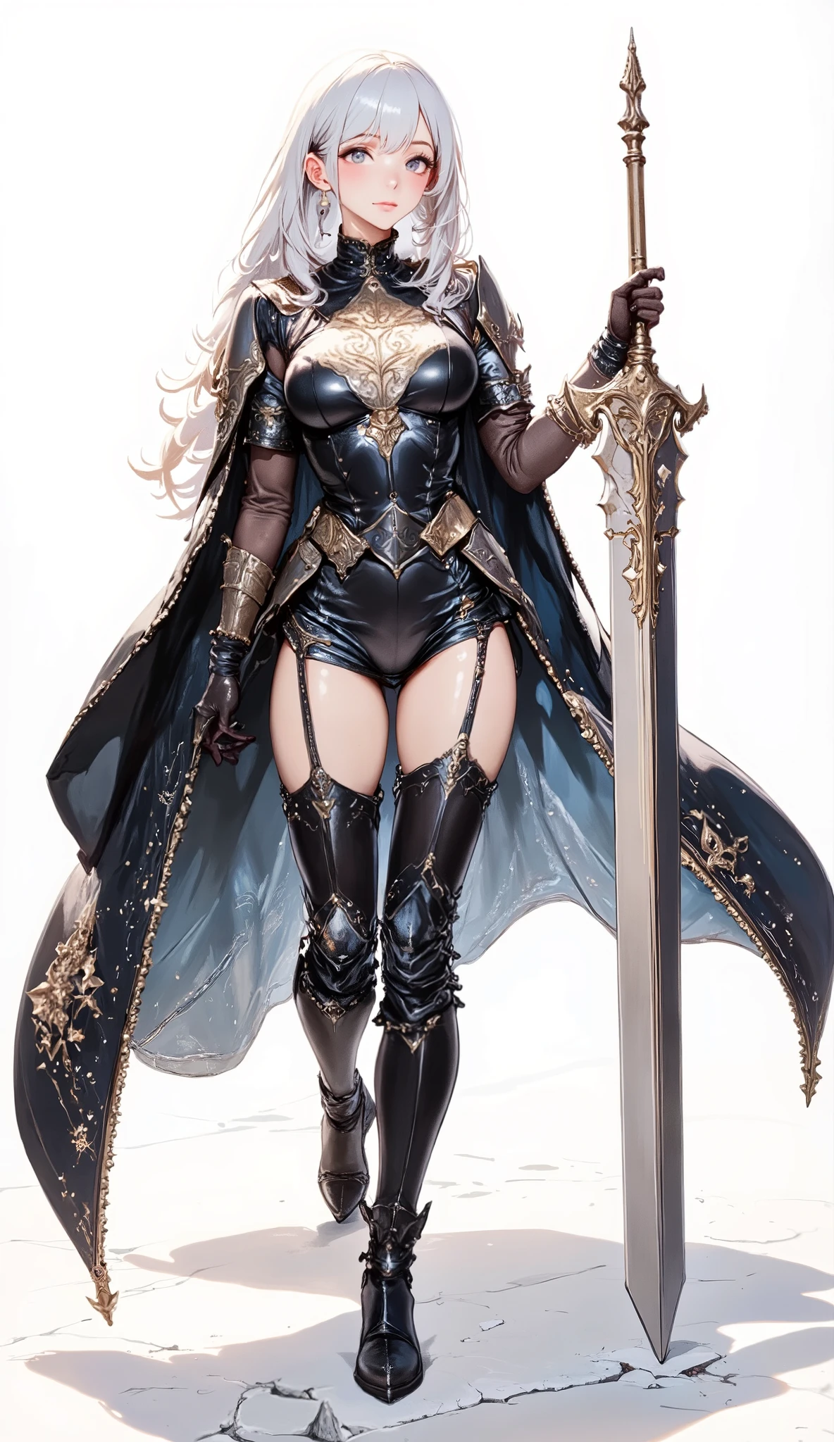 Pirotess female dark elf (black tanned skin), (yellow eyes), white hair, silver hair, very long hair, straight hair, solo, adult woman, tall, slightly muscular, large breasted, cleavage, constricted waist, toned body, slight abs, thin dark skin, pointy ears, lipstick, makeup, black eyeshadow, loincloth standing, hands on hips, circlet, white short dress, jewelry, bracelet, shackles, leather collar choker, white gloves, thigh boots, big belt, view from below, feet together, bracers, tiara, slave crest under navel, navel