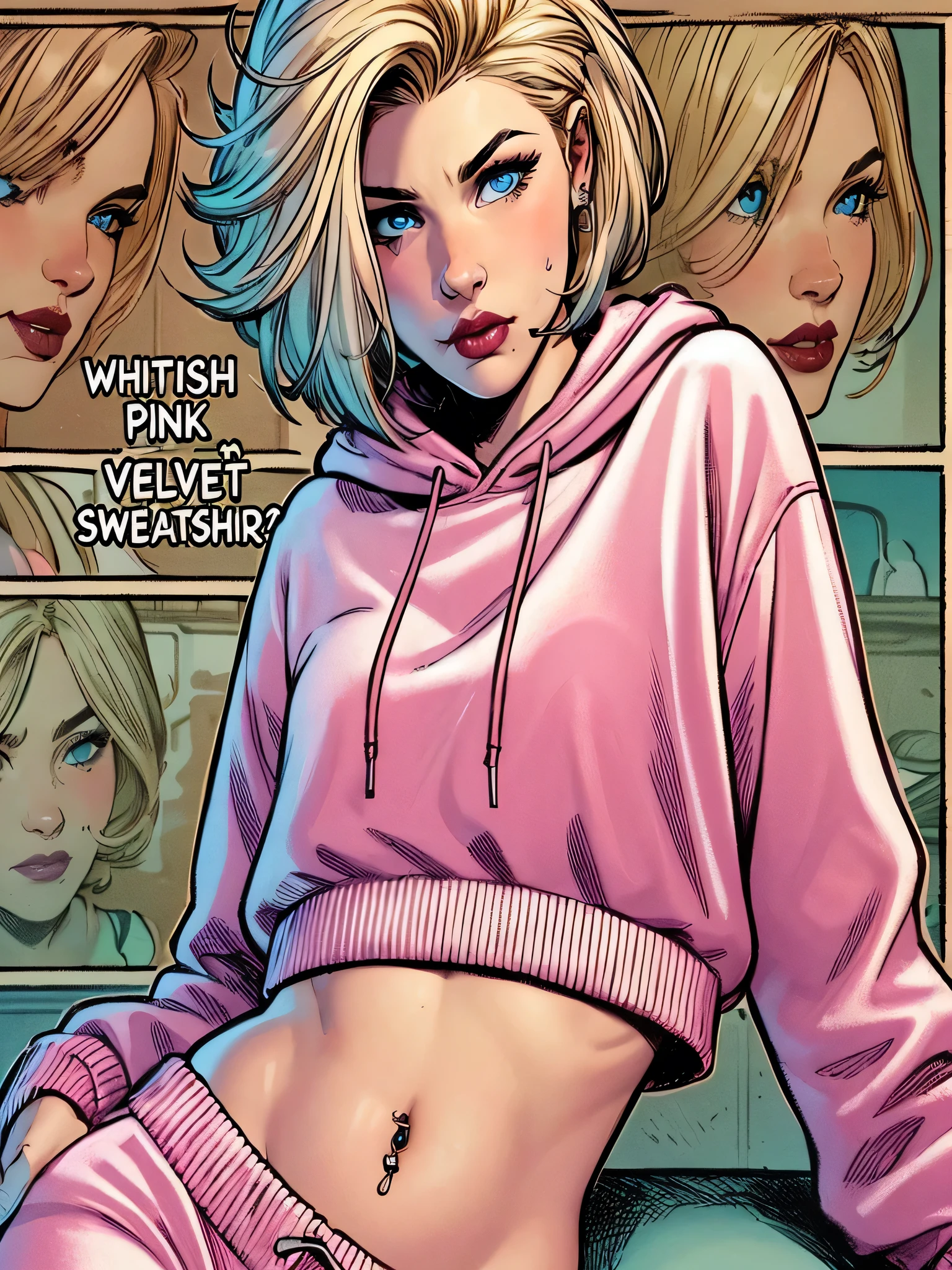 Girl with short blonde hair, blue eyes, Ponytail, a lock of hair in the front, pink lipstick, juice lips, pouting her lips, wearing a whitish pink sweatshirt set showing her belly,Belly button piercing, wearing pinkish-white velvet sweatpants, thighs ,zipper on sweatshirt showing small breasts, Perfect belly