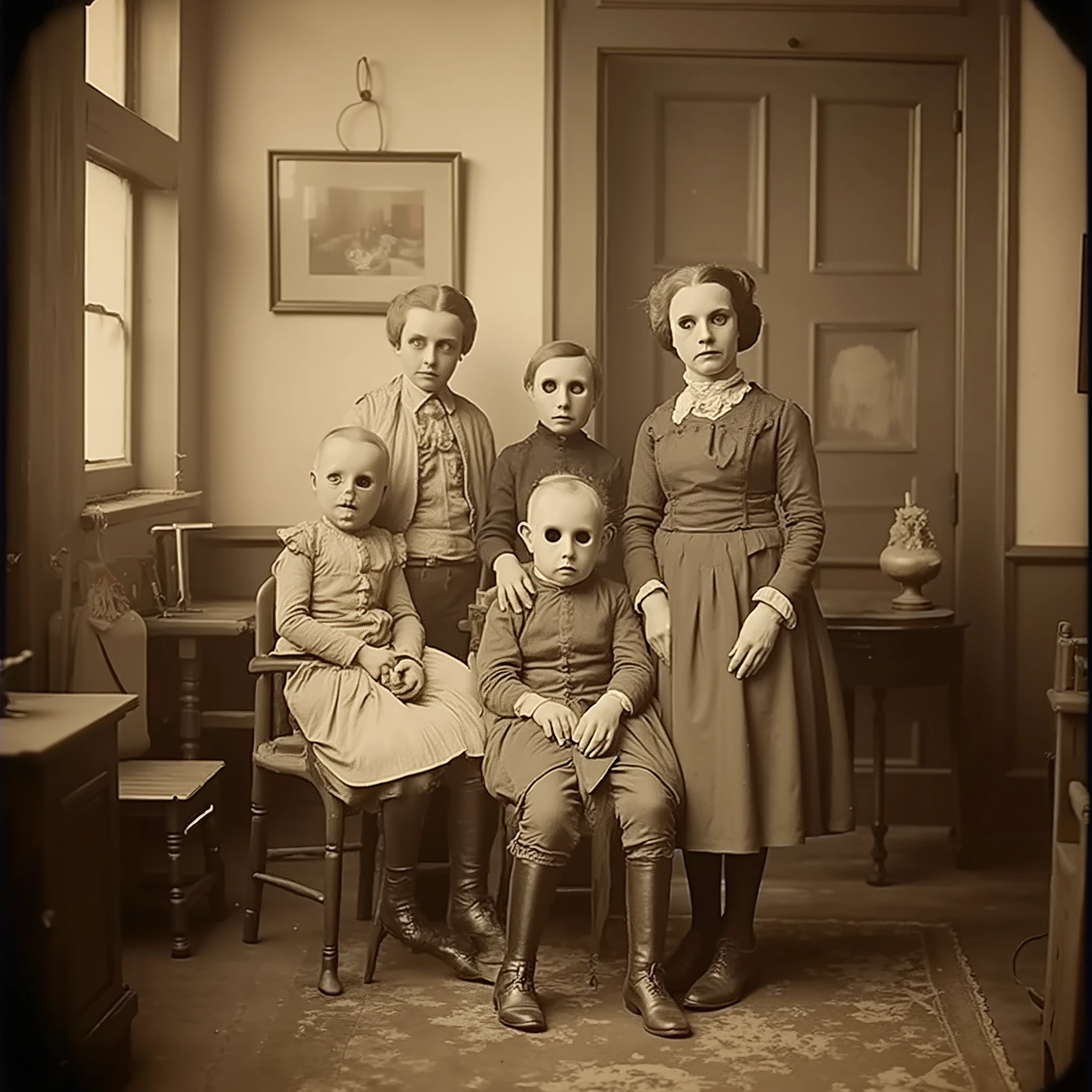 A family photo taken in a vintage living room, filled with wooden furniture and 1930s decor. Everyone is seated normally, except for a woman in the corner who appears twice in the same photo: once sitting and once standing, staring at the camera with hollow eyes. Both versions of her are identical.
