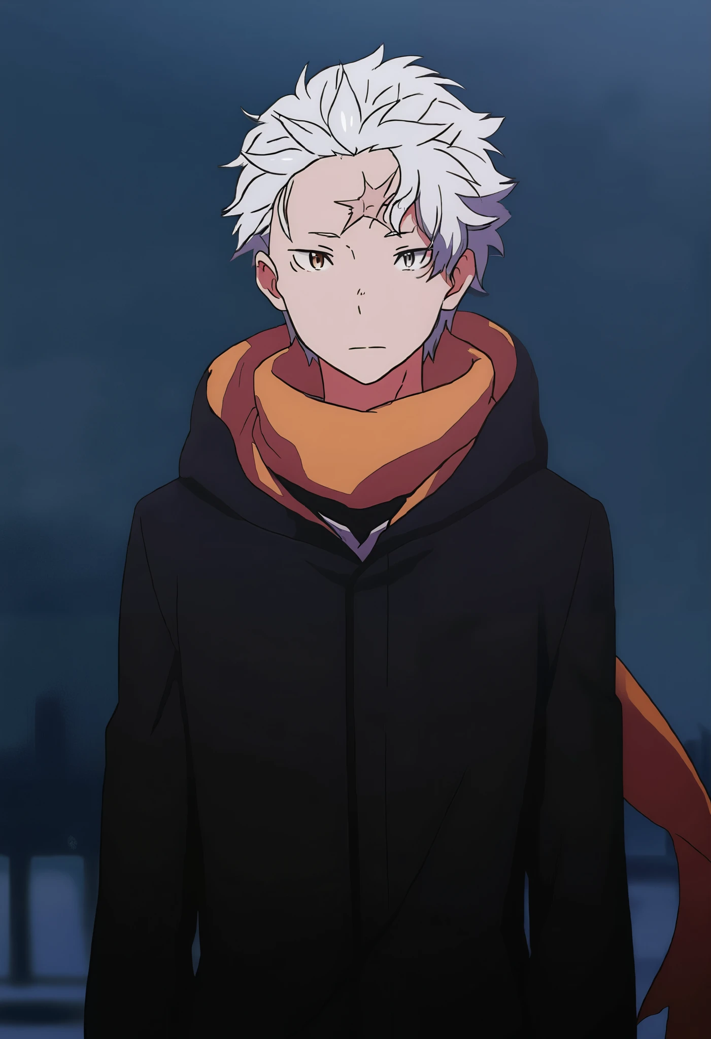 gluttony subaru \(re:zero\), 1boy, short hair, white hair, male focus, scarf, orange scarf, scar on forehead, hood, heterochromia, scar on face, jacket, brown eyes, grey eyes, cowboy shot, masterpiece, best quality